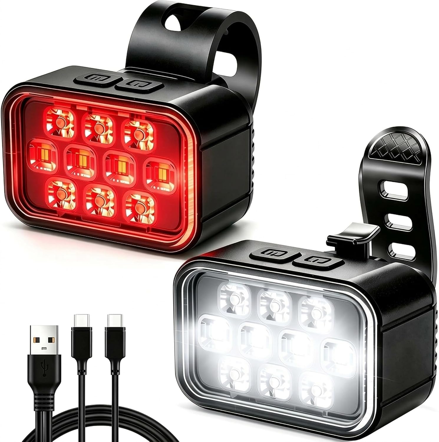 Victoper 10 LED Black Bike Light Set, 500 Lumens, USB Rechargeable