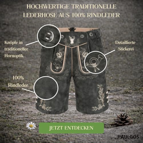 Detalle de PAULGOS Herren Trachten Lederhose HK3 + Träger, Echtes Leder, Größe 56, Grau