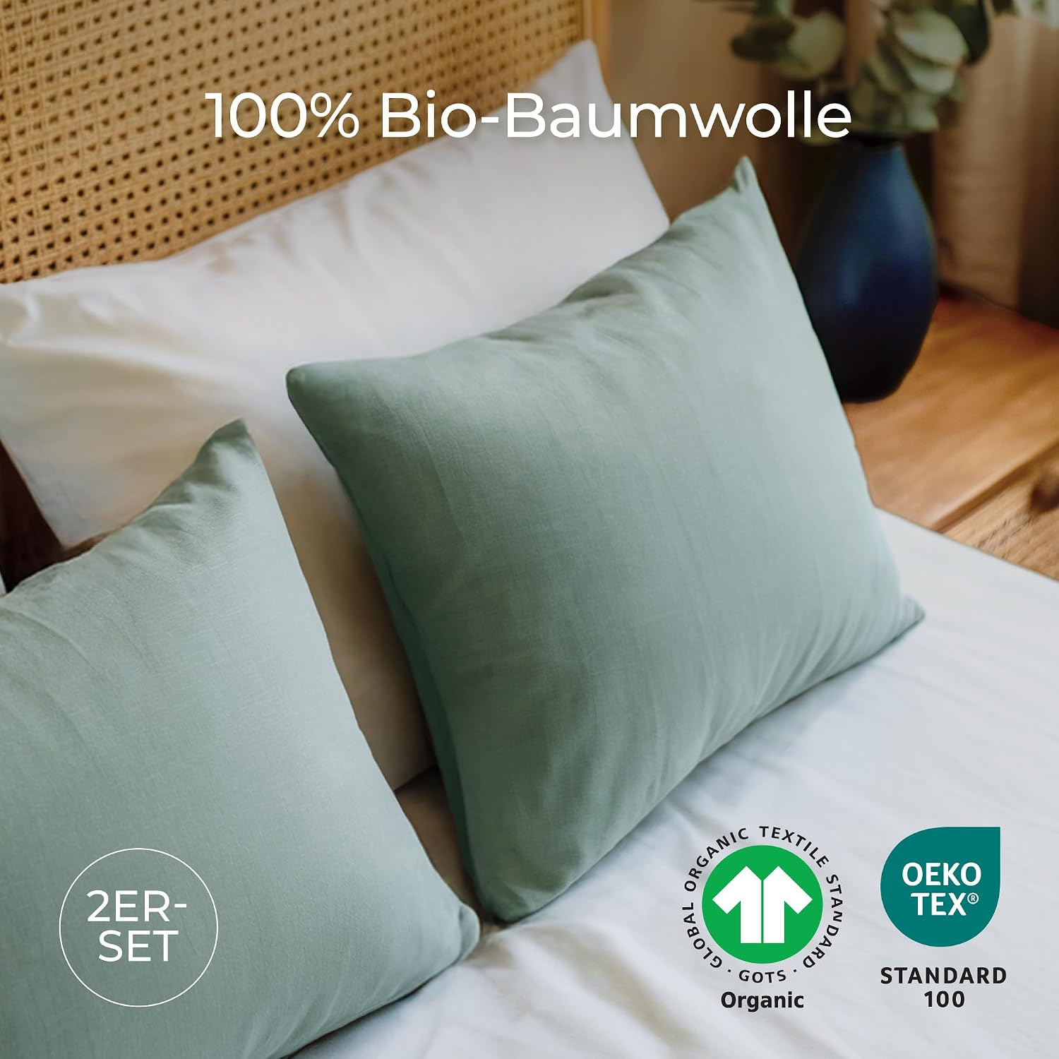 Detalle 2 de Dreamzie Kissenbezug aus 100% Bio-Baumwolle, 80x80 cm, 2er-Set (grün) mit Reißverschluss