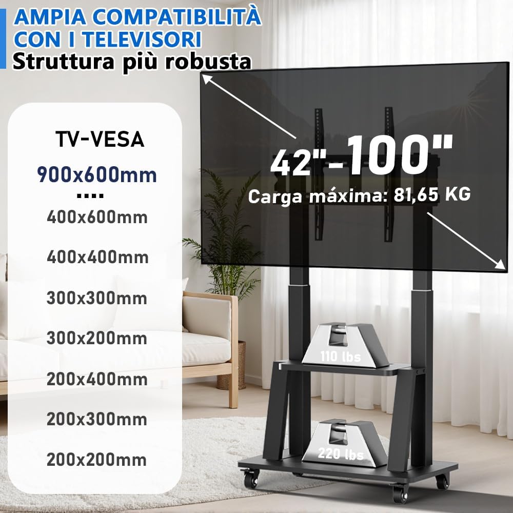 Thumbnail 1 de Carrello TV mobile suruoteper: supporto versatile per schermi da 42–100 pollici con VESA 200x200–900x600