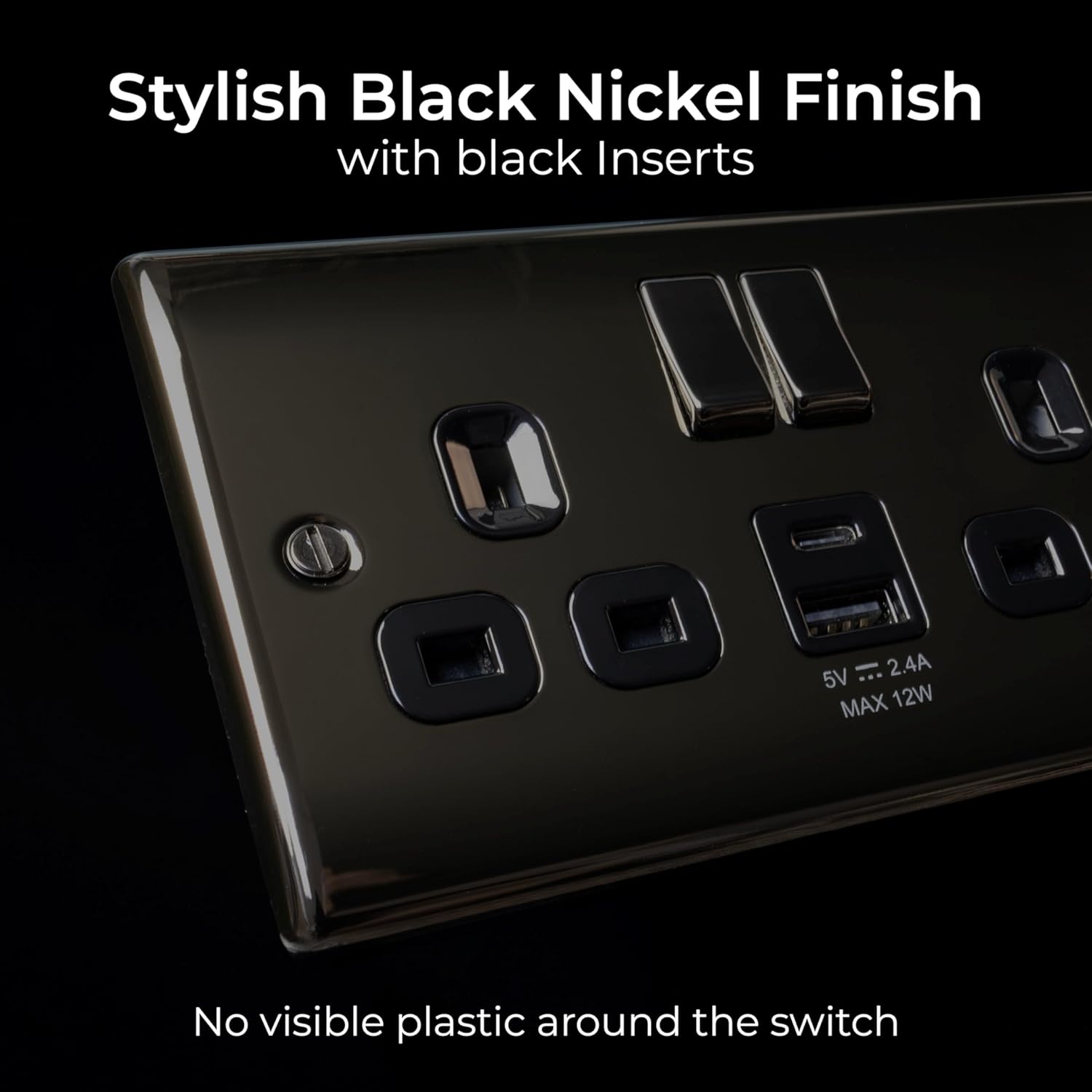 Thumbnail 5 de BG Electrical 13A Nexus Metal black nickel double switched wall socket with USB-A and USB-C charging (12W) – NBN22UAC12B