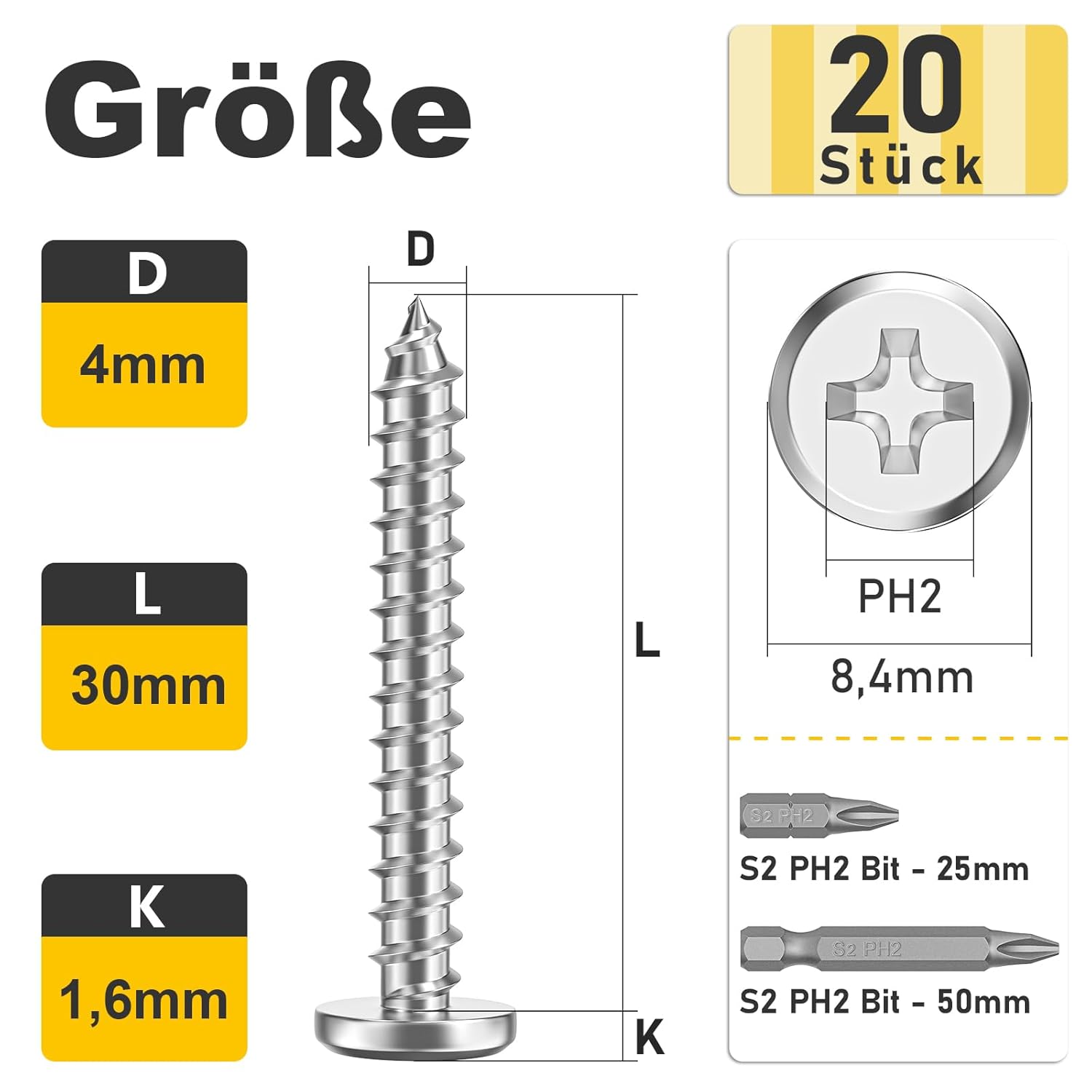 Thumbnail 1 de Boltmax Holzschrauben M4 x 30 mm (20 Stück) Edelstahl A2 V2A mit Bit – Selbstschneidende Flachkopfschrauben