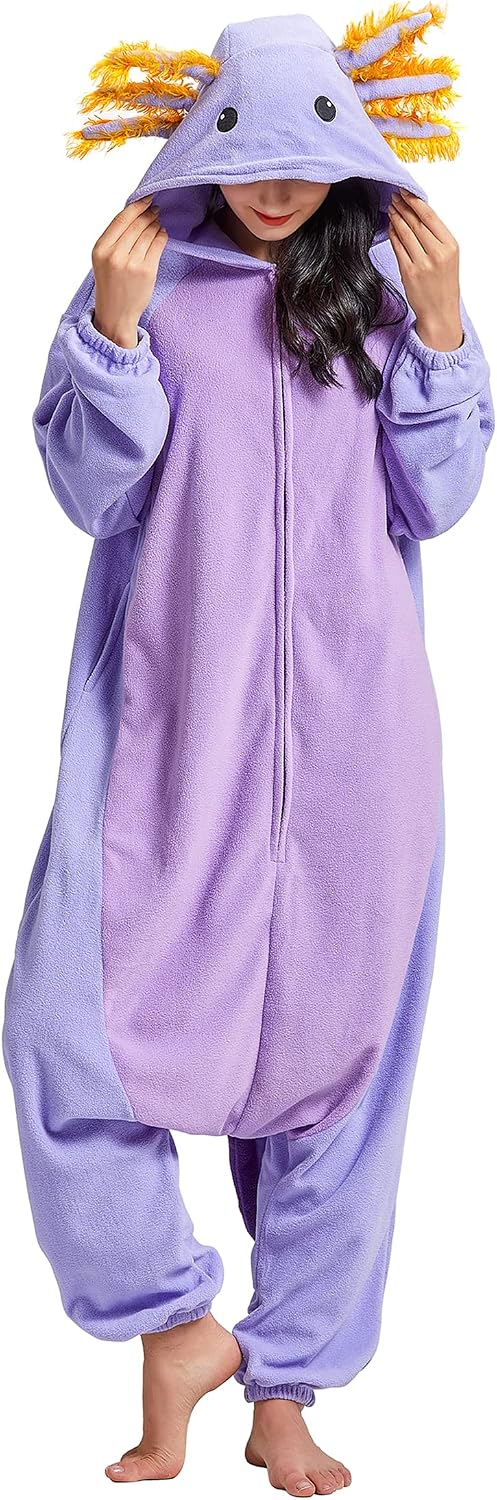 DELEY Adult Axolotl Onesie Costume with Plush Fabric and Side Pockets