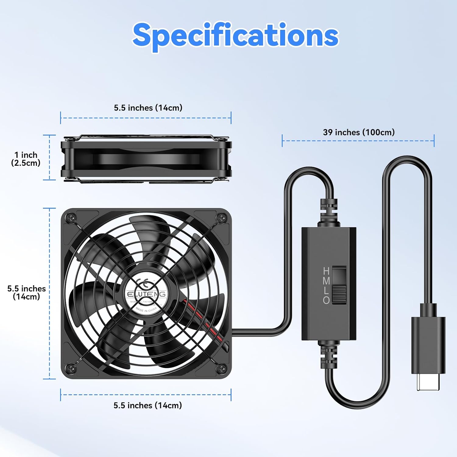 Detalle de ELUTENG 140mm USB-C Fan: 3-Speed Portable Cooling for Small Form Factors