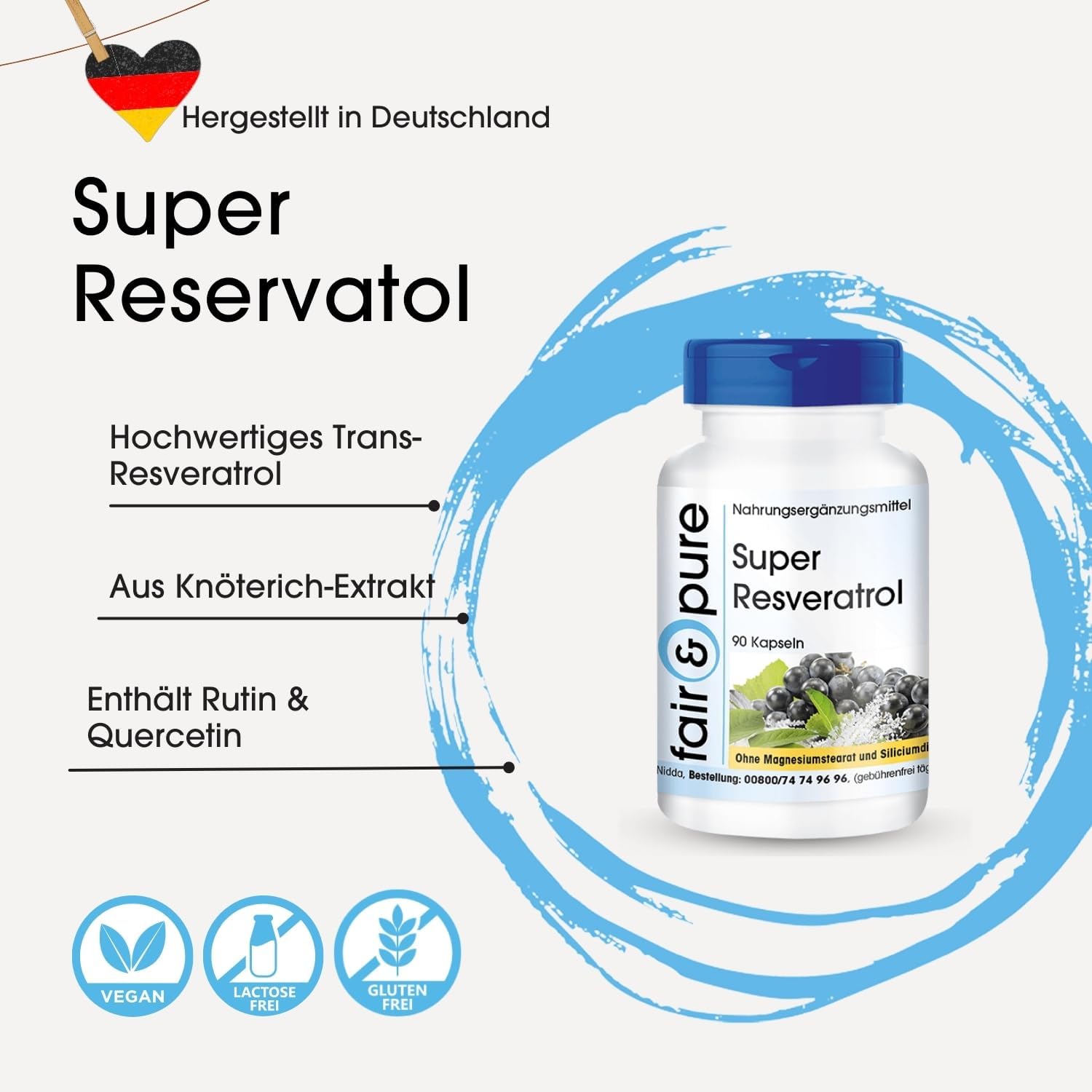 Detalle de Fair & Pure Super Resveratrol aus Knöterich – 90 Kapseln, vegan, ohne Zusatzstoffe, hergestellt in Deutschland