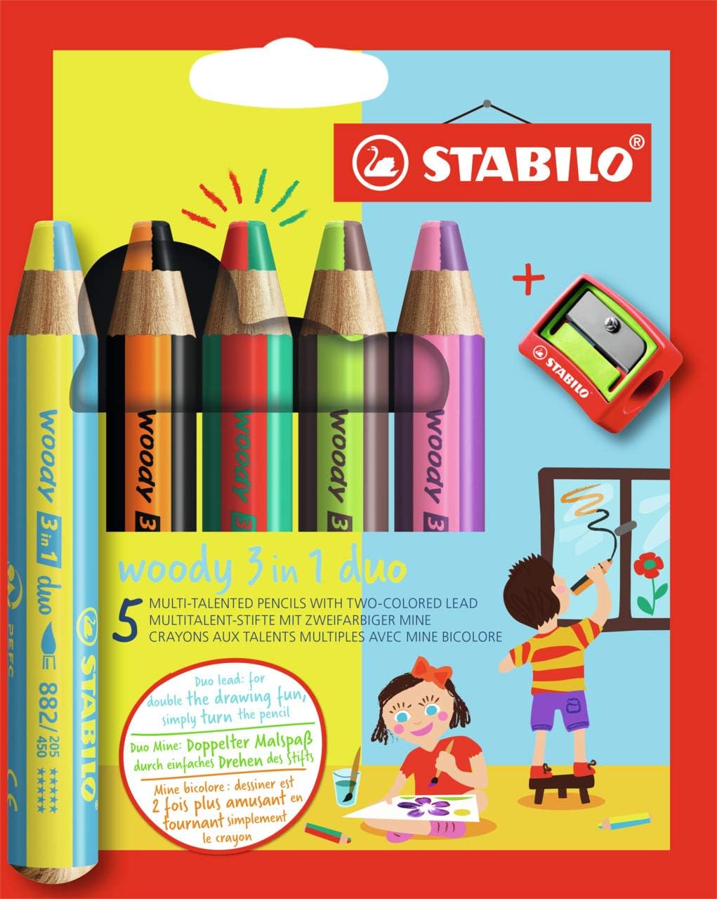 Detalle de STABILO Duo Buntstift 3-in-1 Woody 5er Pack – zweifarbige Mine, Wasserfarbe & Wachsmalkreide