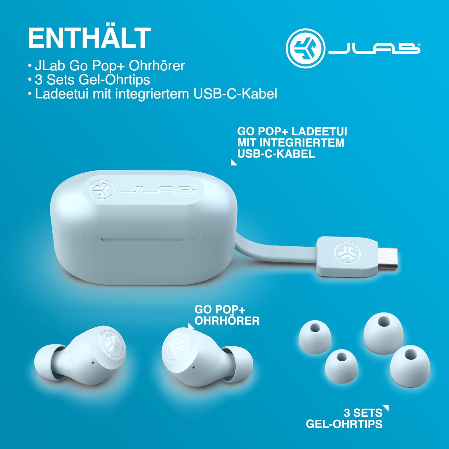 Thumbnail 6 de JLab Go Air Pop+ True Wireless In-Ear-Kopfhörer mit Bluetooth, Mikrofon, USB‑C Ladecase & Dual Connect – Hellblau