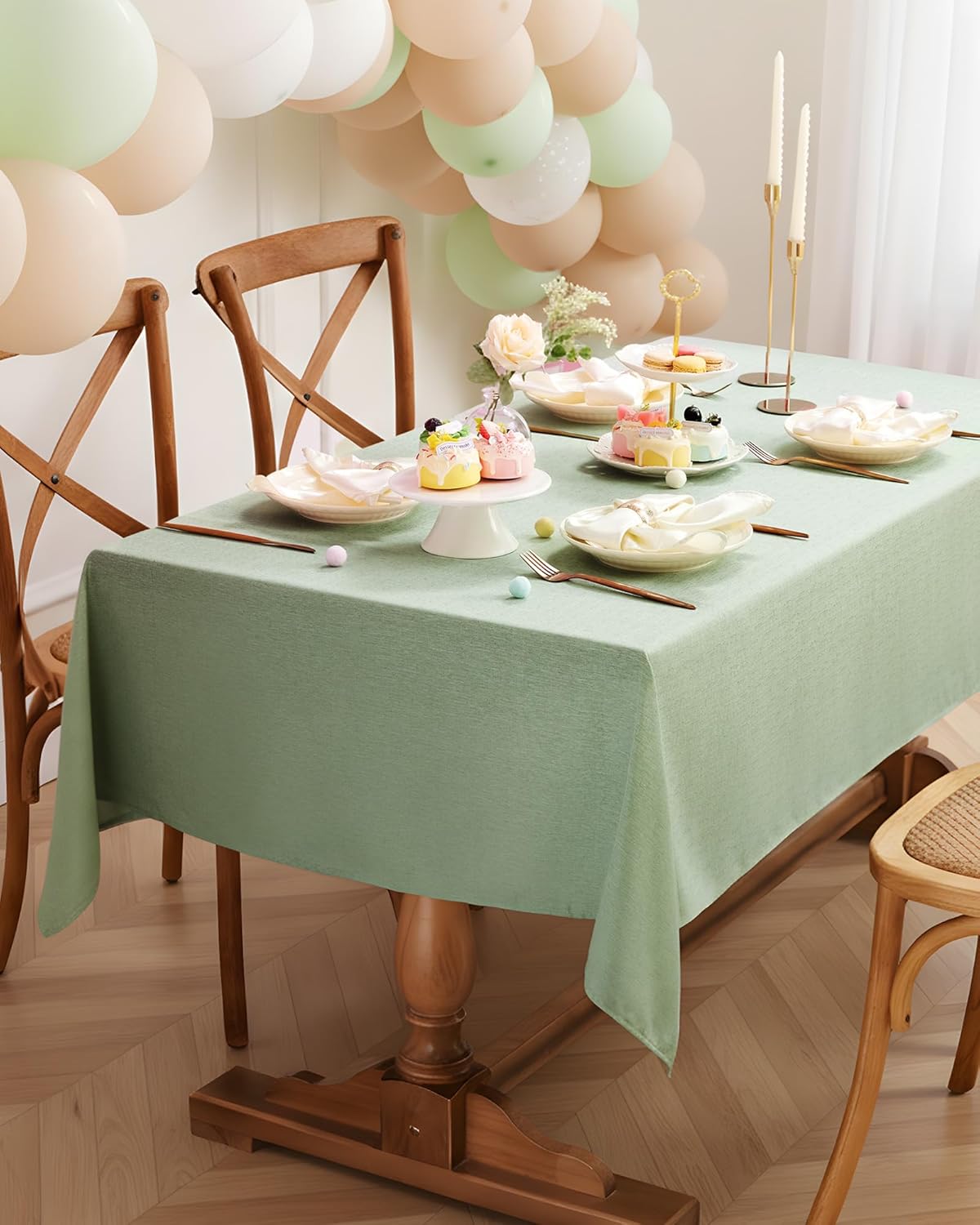 Detalle de Pureegg Rectangle Linen Tablecloth (Waterproof & Stain Resistant, Wrinkle-Free) — Sage Green, 52 x 70 Inch