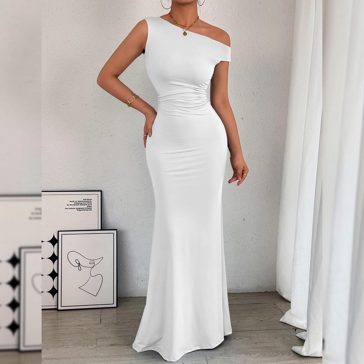 Detalle de Belriviere Womens Off The Shoulder Maxi Dress - Ruched Fishtail Bodycon Gown
