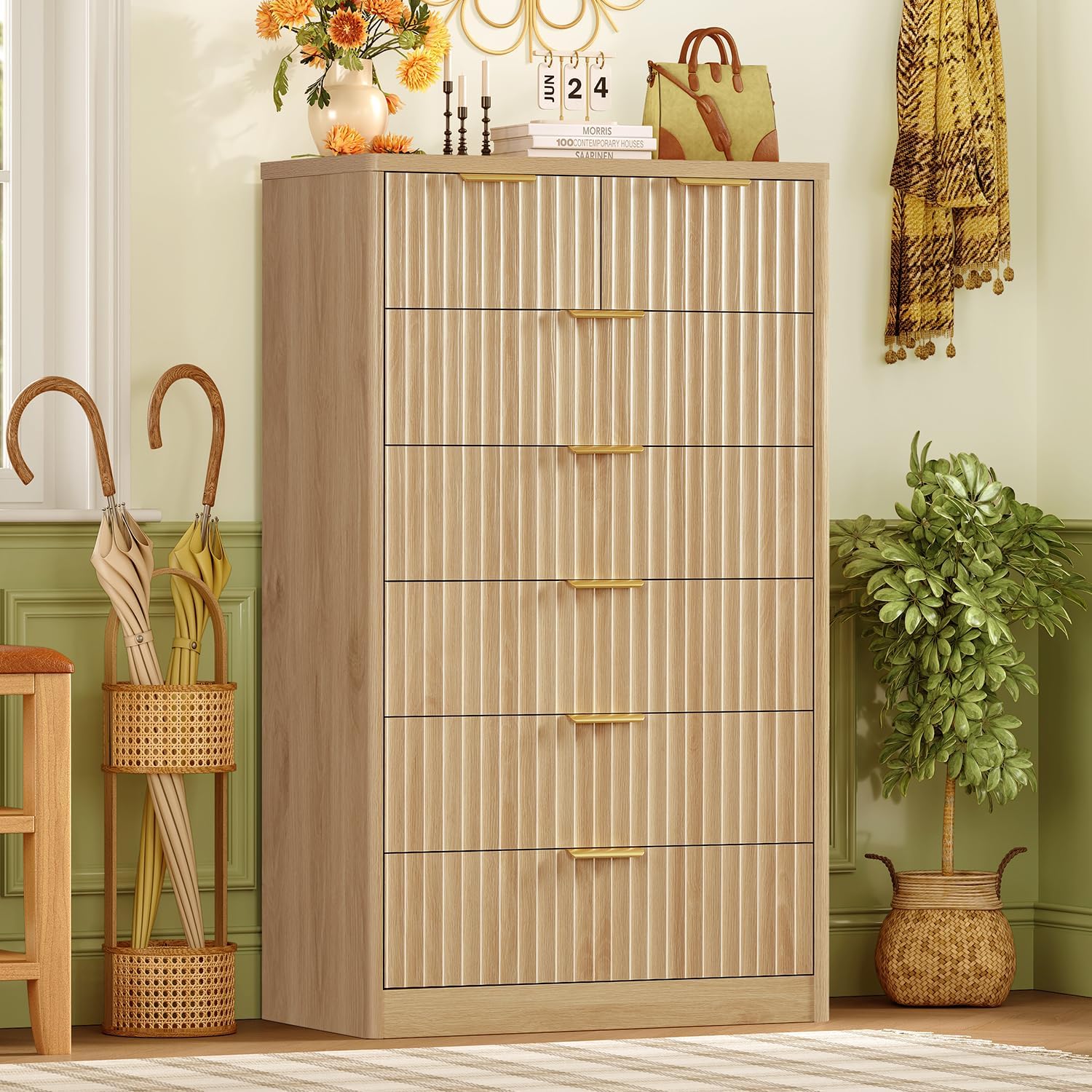 Detalle de TEENFON dresser 7-Drawer Fluted Chest, 48.4-Inch Tall Natural Storage
