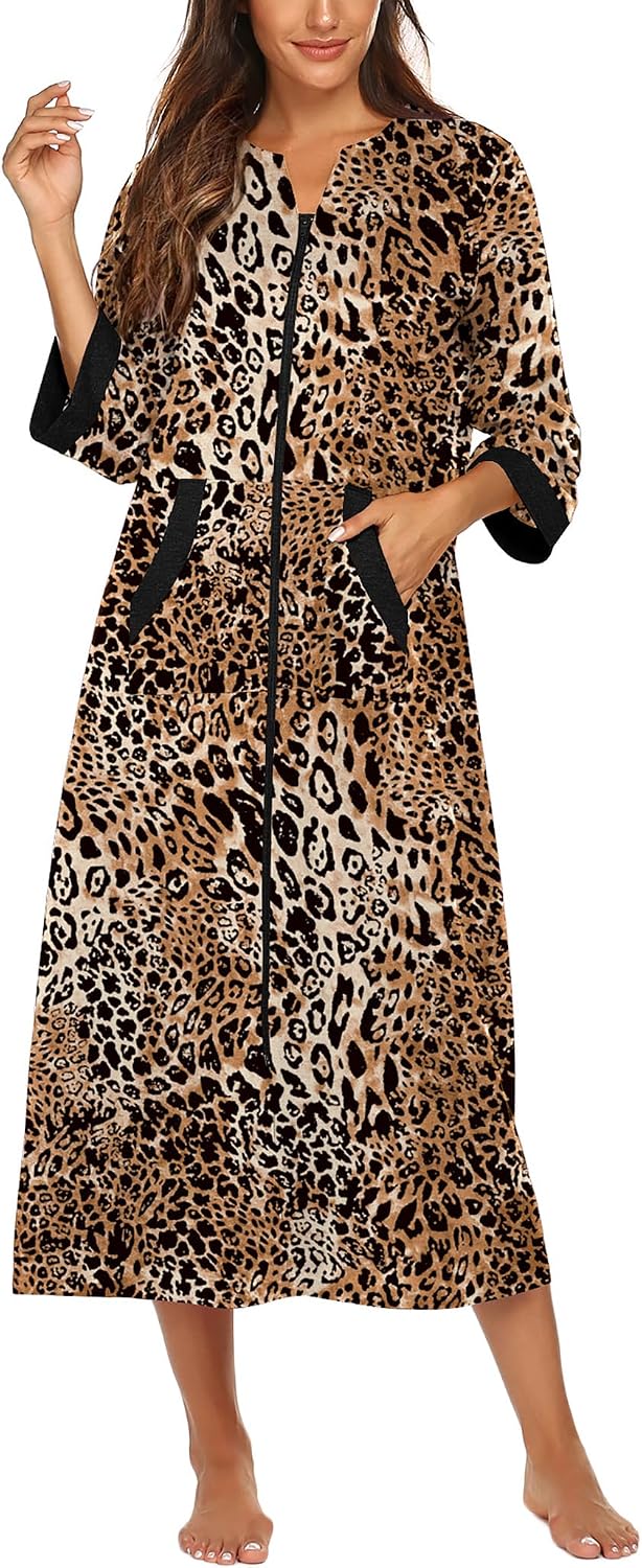 Detalle de Ekouaer Women's Full-Length Zipper Robe with 3/4 Sleeves and Pockets