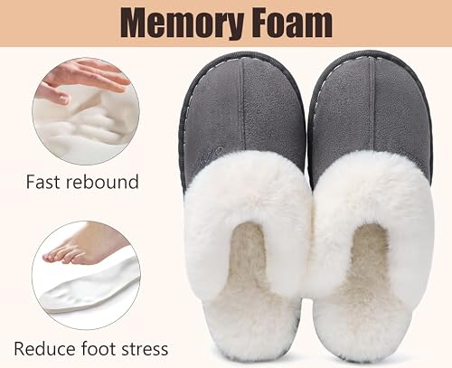 Detalle de Misolin Women Memory Foam Fluffy Slipper – Grey, Suede Fur-Lined, Anti-Skid Indoor & Outdoor (UK 5.5–6.5)
