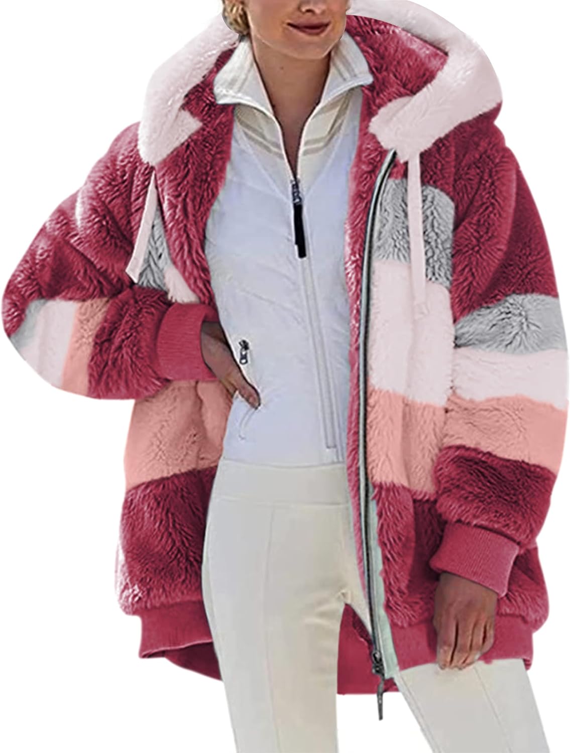 Detalle 2 de Livonmone Fleecejacke Hoodie Damen Kapuze Teddy-Fleece Mantel