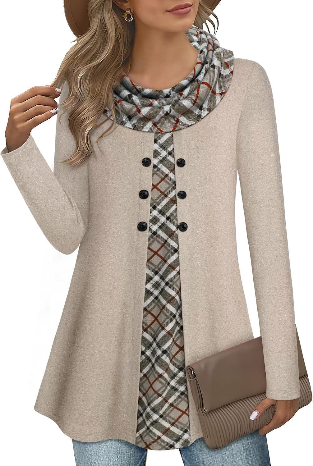 Detalle de GUUKA Women's Cowl Neck Tunic Sweatshirt with Button Detail and Plaid Design