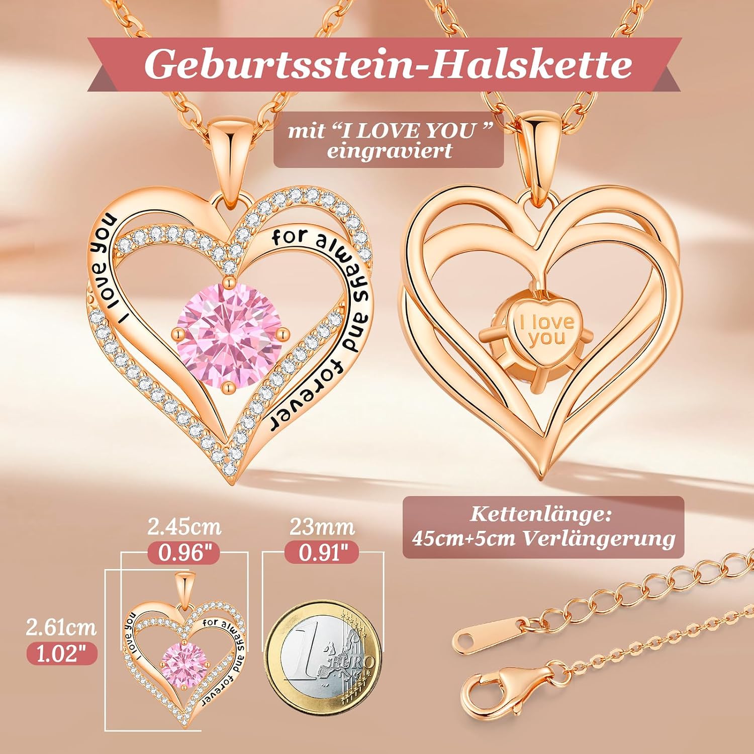 Detalle de CDE Damen Herz Anhänger Halskette mit doppeltem Herz & Zirkonia – 925 Silber oder Messing, Geburtstagsgeschenk