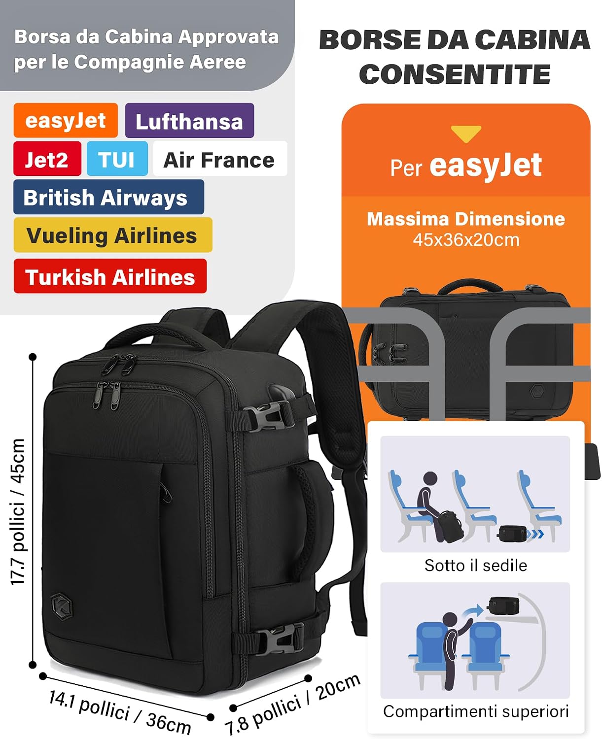 Detalle de Zaino VANKEV Easyjet 45x36x20 da viaggio aereo 30L con scomparto PC fino a 15,6
