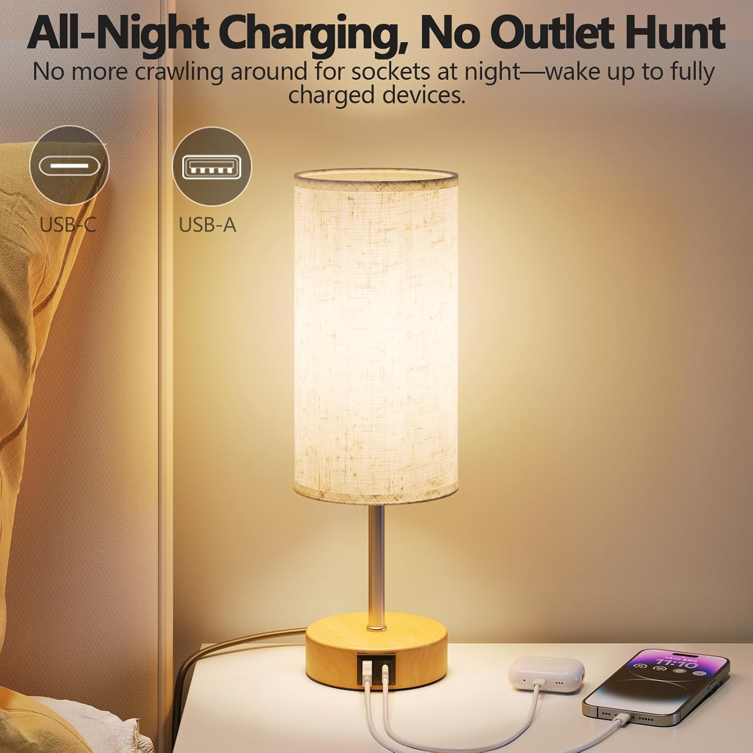 Detalle 2 de UPXNBOR Touch Bedside Lamp with USB-C port