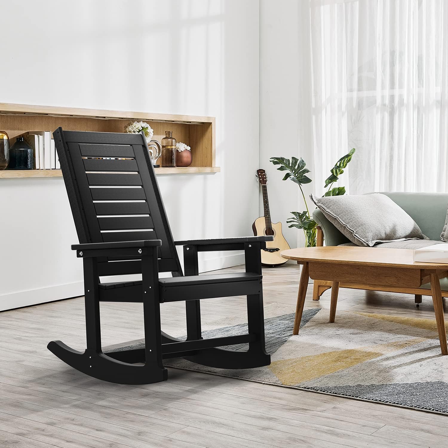 Detalle 2 de GREENVINES GV4 Outdoor Rocking Chairs, Set of 4, Black HDPE, 21.7-Inch Seat