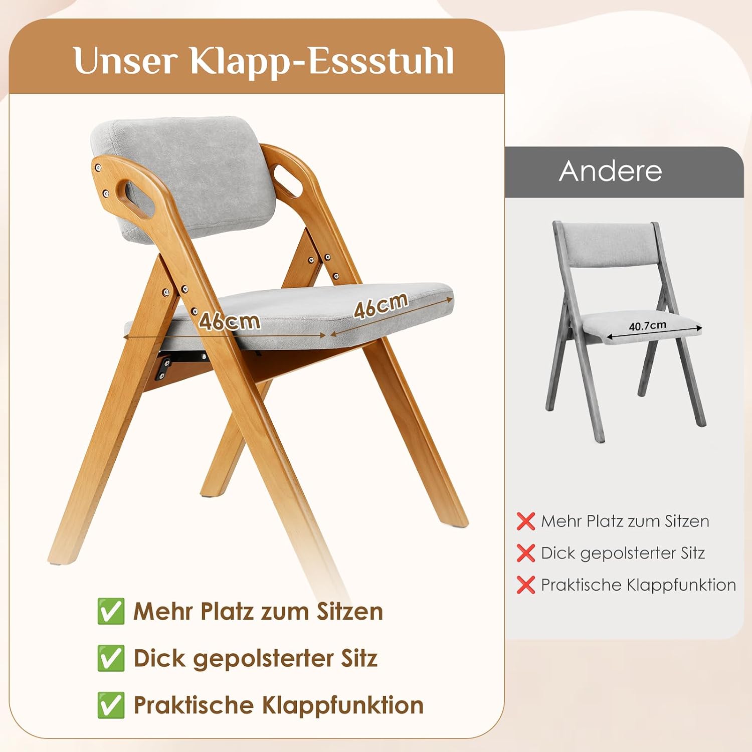 Detalle de Clevich LJ-562 set van 2 opvouwbare stoelen, beukenhout en grijs badstof