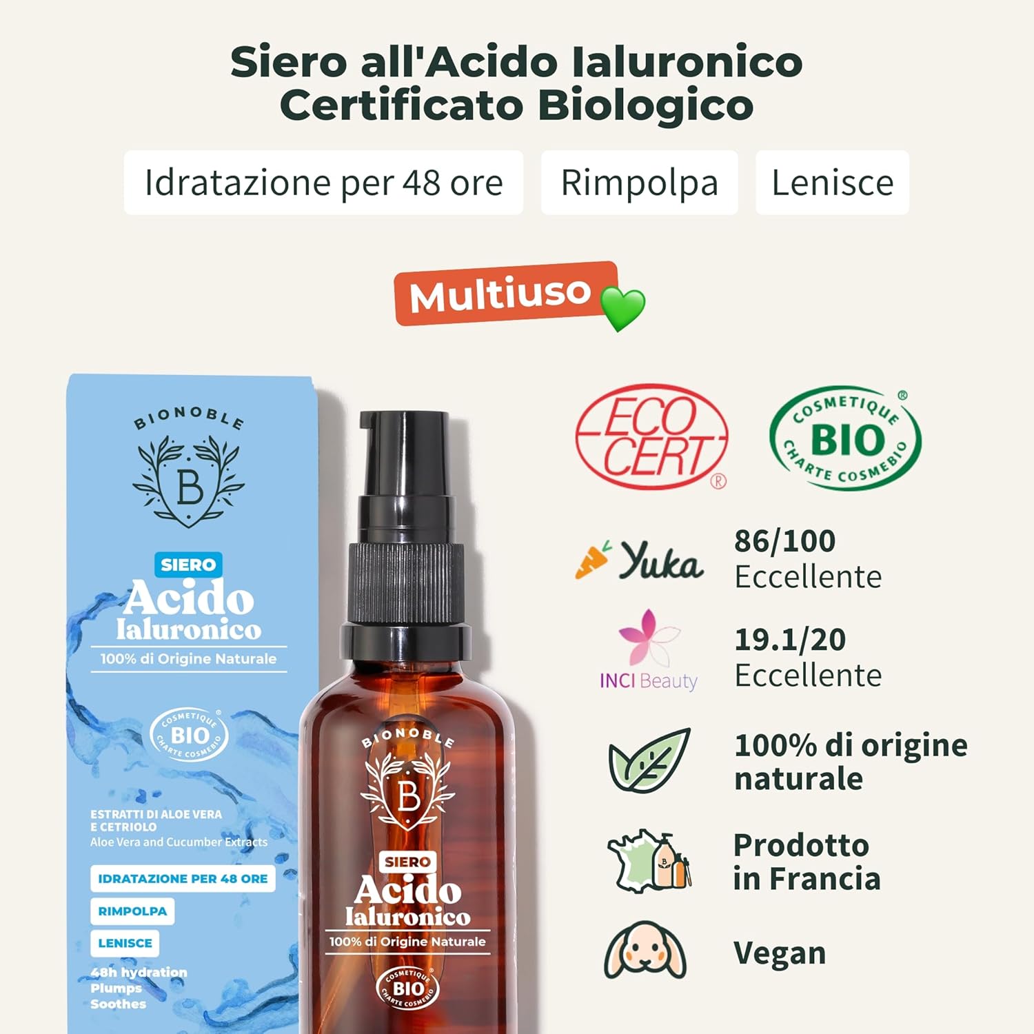 Detalle de BIONOBLE Siero Viso Acido Ialuronico Puro Bio – Idratante e Rimpolpante (100 ml, vetro con pompa)