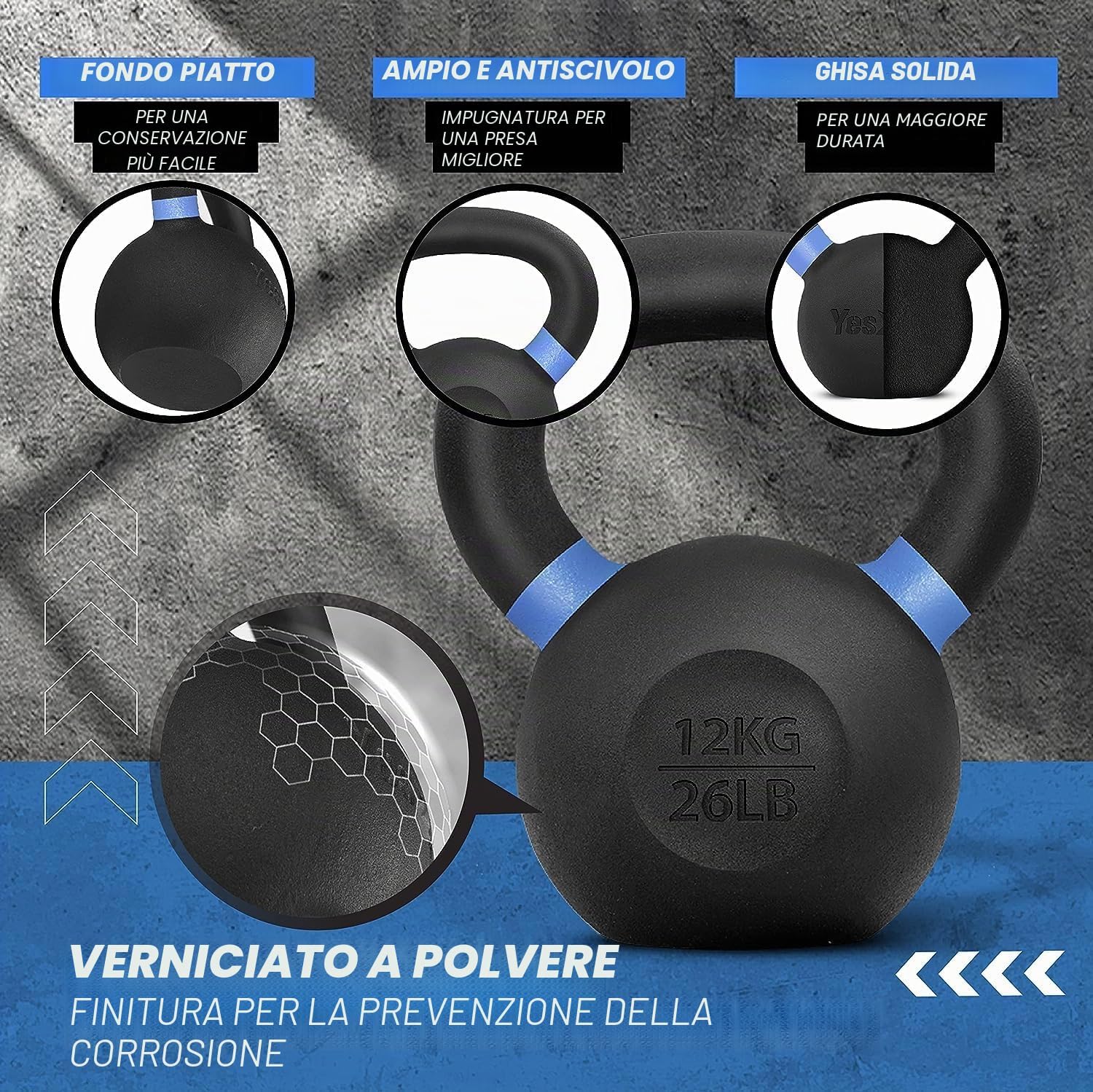 Detalle de Yes4All Kettlebell da 4–32 kg rivestita in polvere con impugnatura lunga – kettlebell da competizione