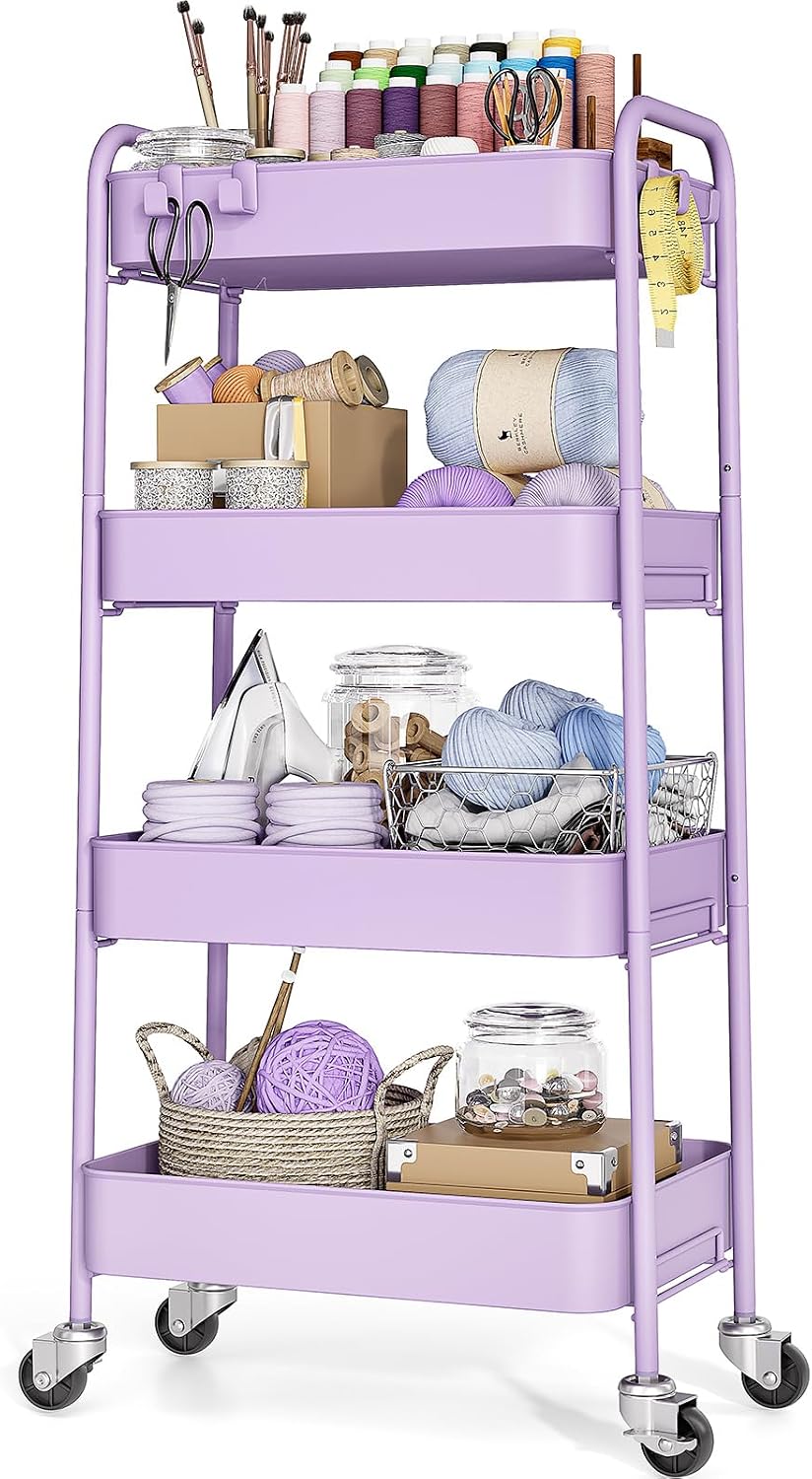 Detalle de TOOLF 150106 4-Tier Metal Rolling Cart with Lockable Wheels, Purple