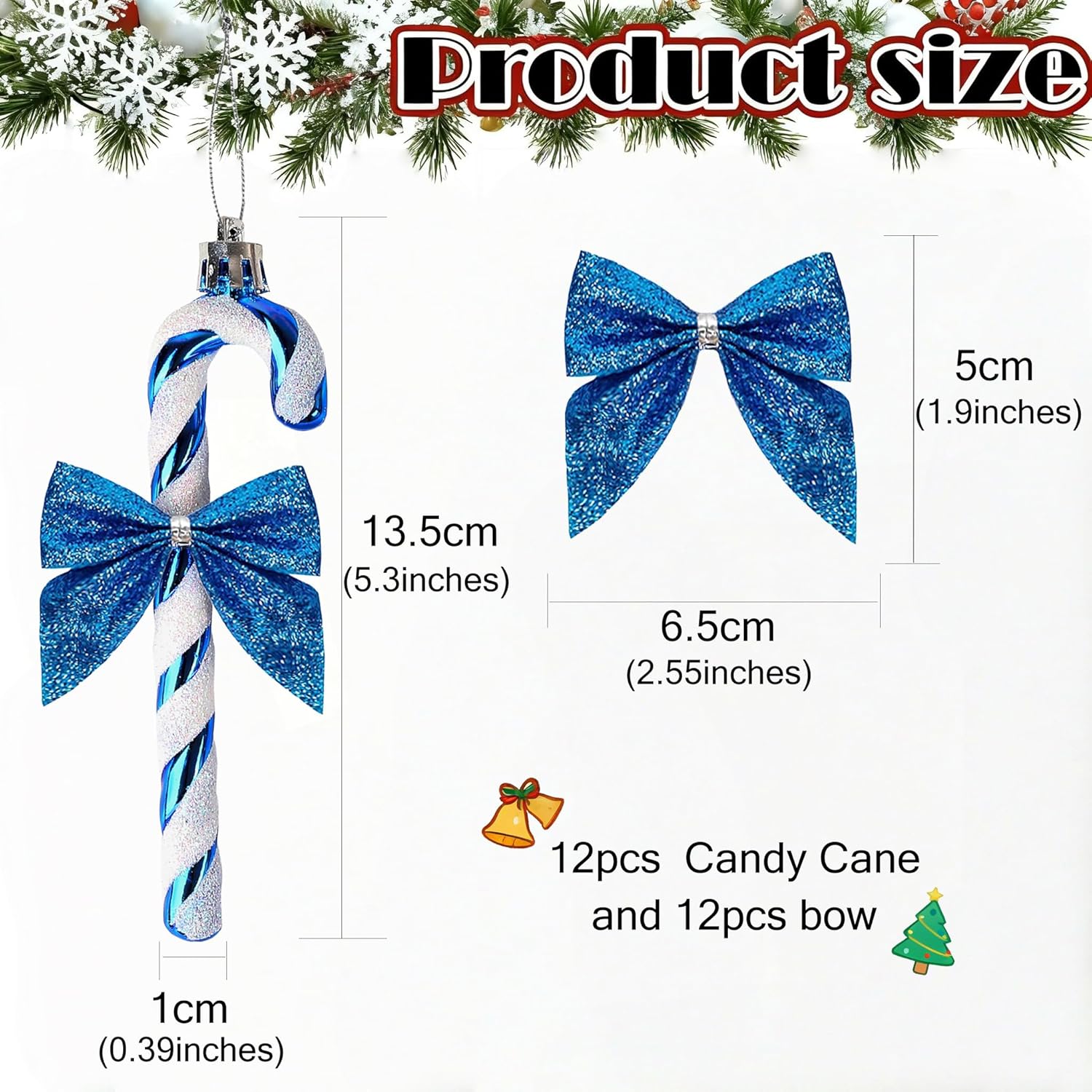 Thumbnail 1 de HERZWILD 12Pcs Candy Cane Christmas Decorations – Blue Glitter Candy Canes with Bows