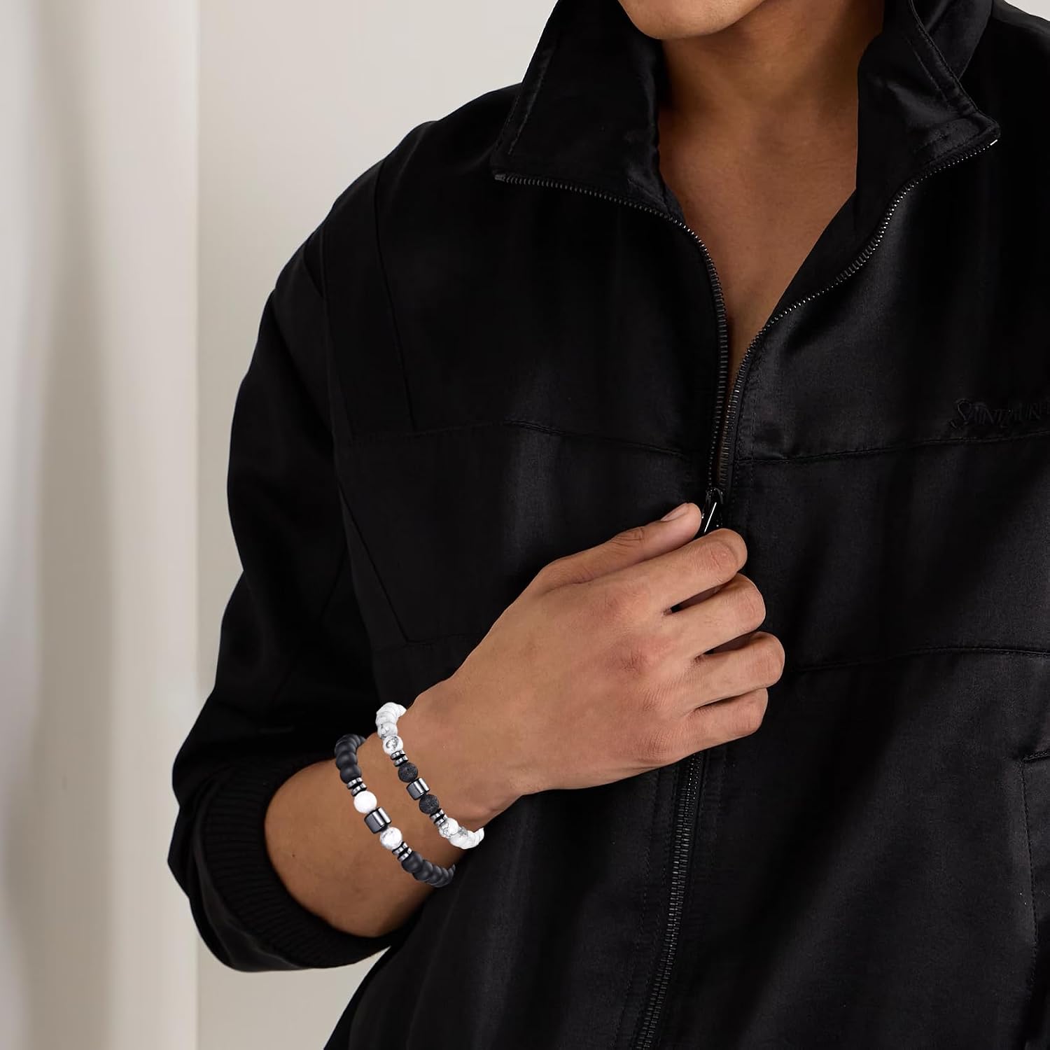 Detalle de RANKEEF Herren-Perlenarmband Set 8 mm Tigerauge & Lavastein – Unisex Stretch-Armband