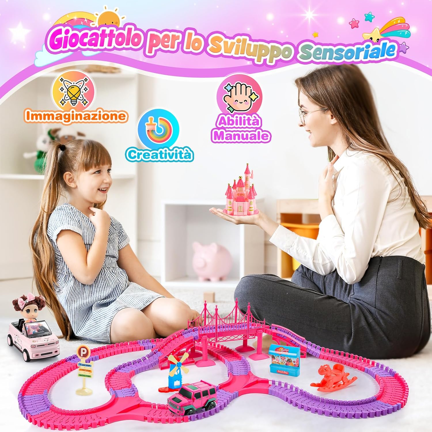 Detalle de iKidiki Regalo Bambina: Pista di Binari e Castello per Bimba 3–8 Anni