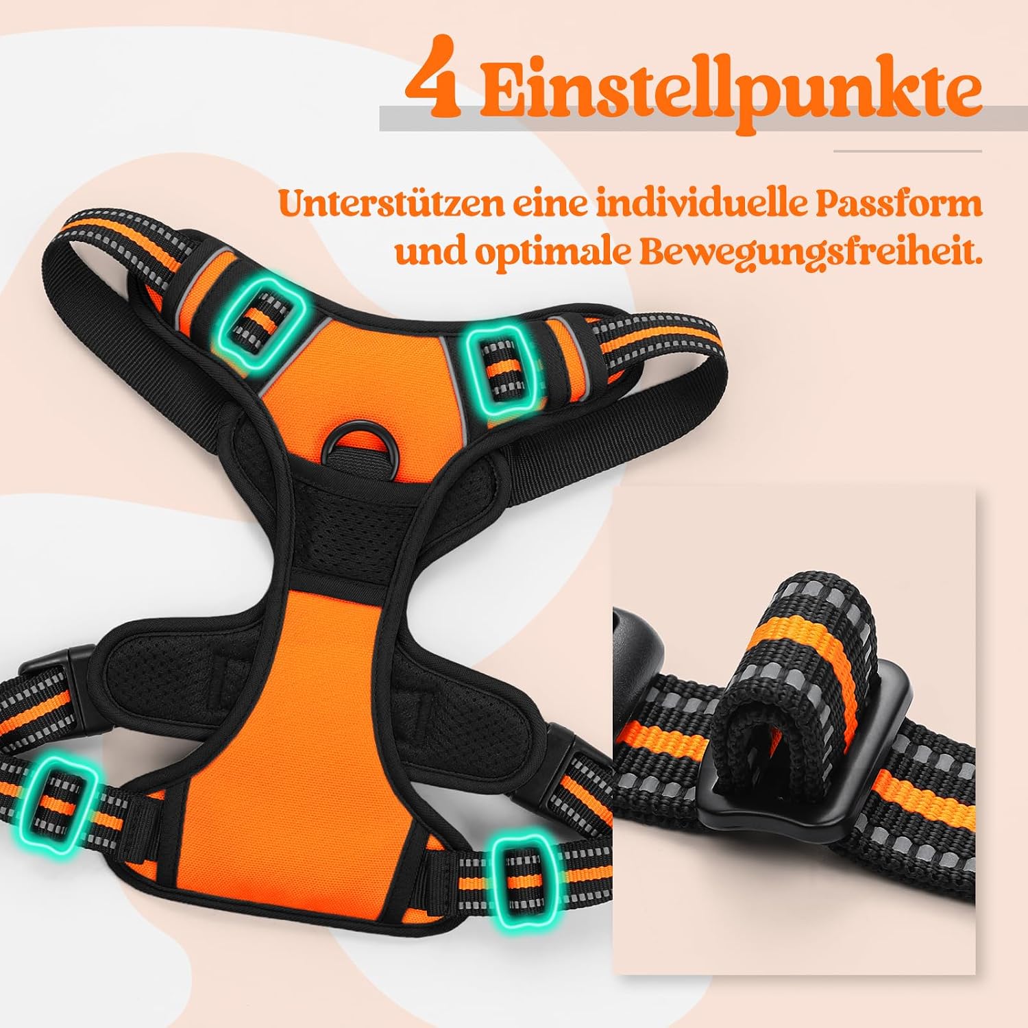 Detalle de rabbitgoo Hundegeschirr Mittelgroße Hunde No Pull, verstellbar mit 2 Ösen und Reflexstreifen (Größe M, Orange)