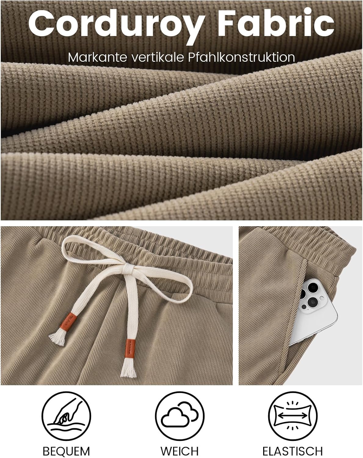 Detalle 2 de HMIYA Cord Hose Herren Chinohose – Weites Bein, bequeme Baumwollmischung, elastischer Bund