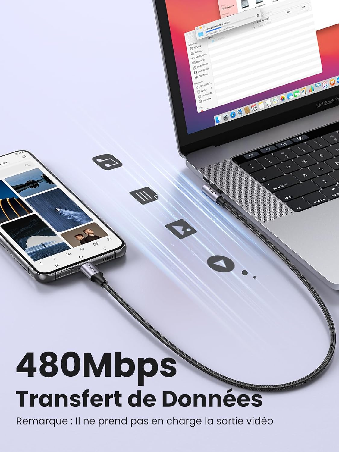 Detalle 1 de UGREEN Câble USB‑C coudé 60W 2 m pour charge rapide