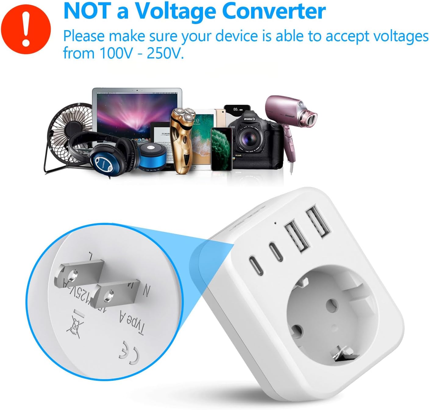 Thumbnail 6 de JSVER Set di Adattatori da Viaggio tutto-in-uno: 5 in 1 con 4 USB (UE-Giappone) bianco