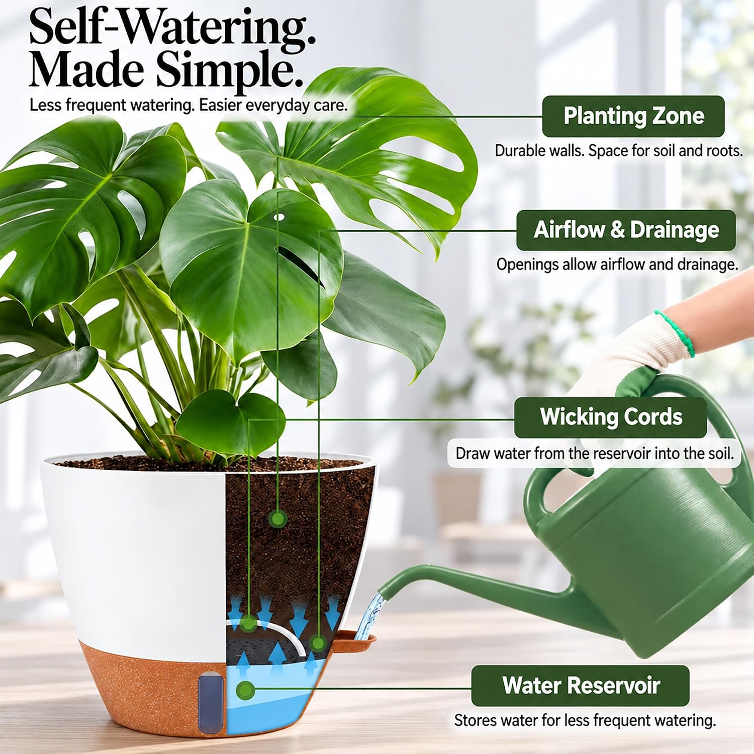 Detalle de Fielda 8/10/12-Inch Self-Watering Planter Set, White Plastic Pots