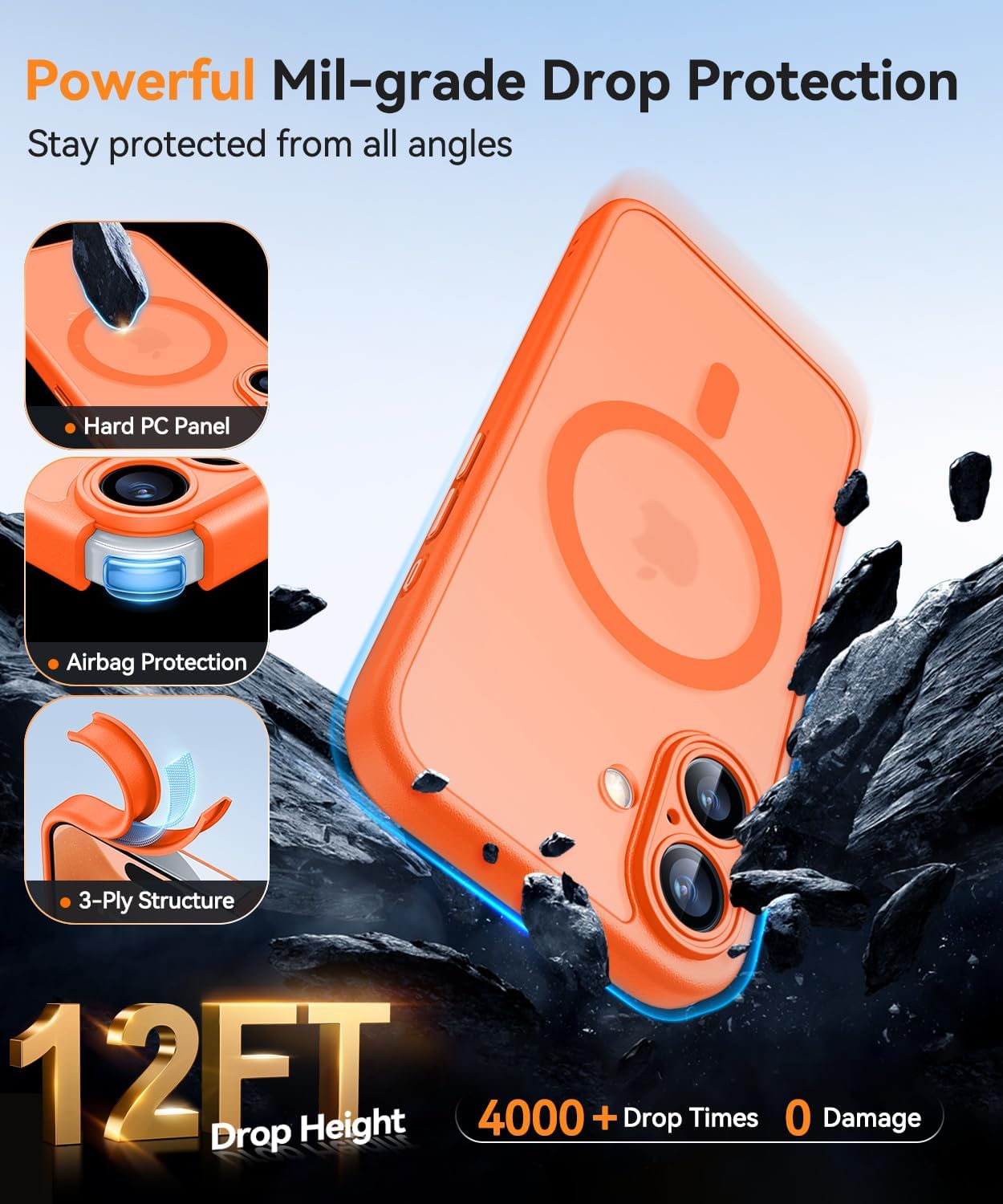 Detalle de CANSHN Cover Magnetica per iPhone 17 (6,3 Pollici) – Protezione completa fotocamera, MagSafe e design opaco traslucido arancione