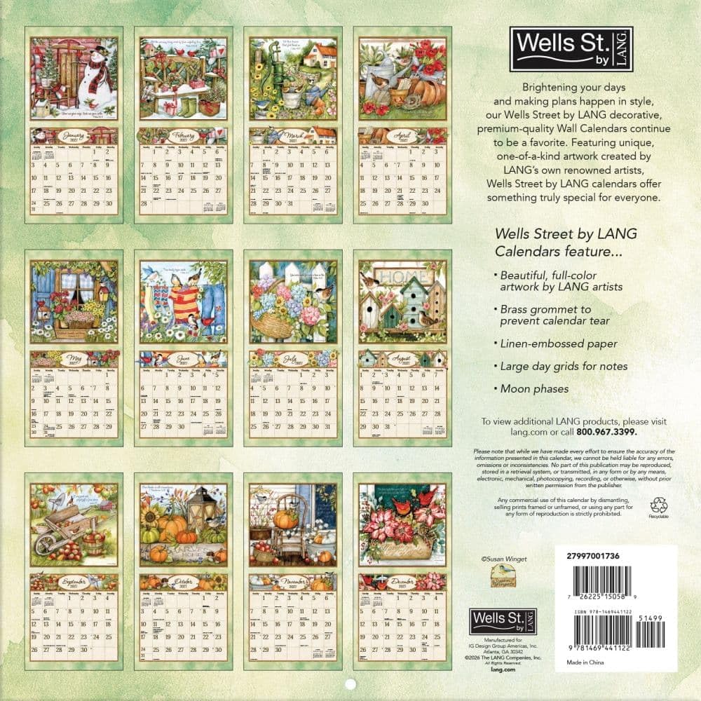 Detalle 2 de Lang Brands, LLC Blessings 2027 壁掛けカレンダー Susan Winget|書き込み欄・月の満ち欠け表示