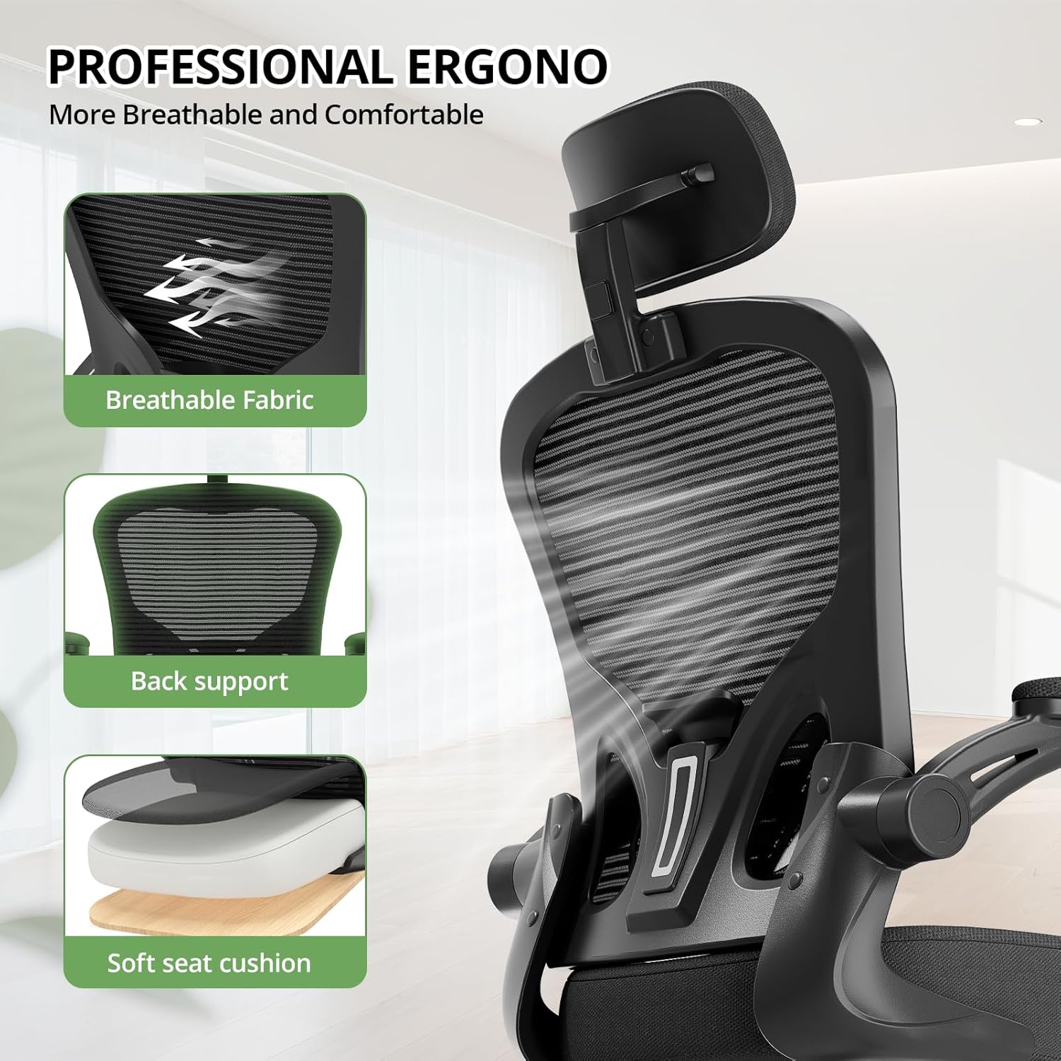 Thumbnail 5 de Office Chair Ergonomic Desk Chair (330LBS Capacity) High Back Computer Chair with Flip-up Armrests, Black