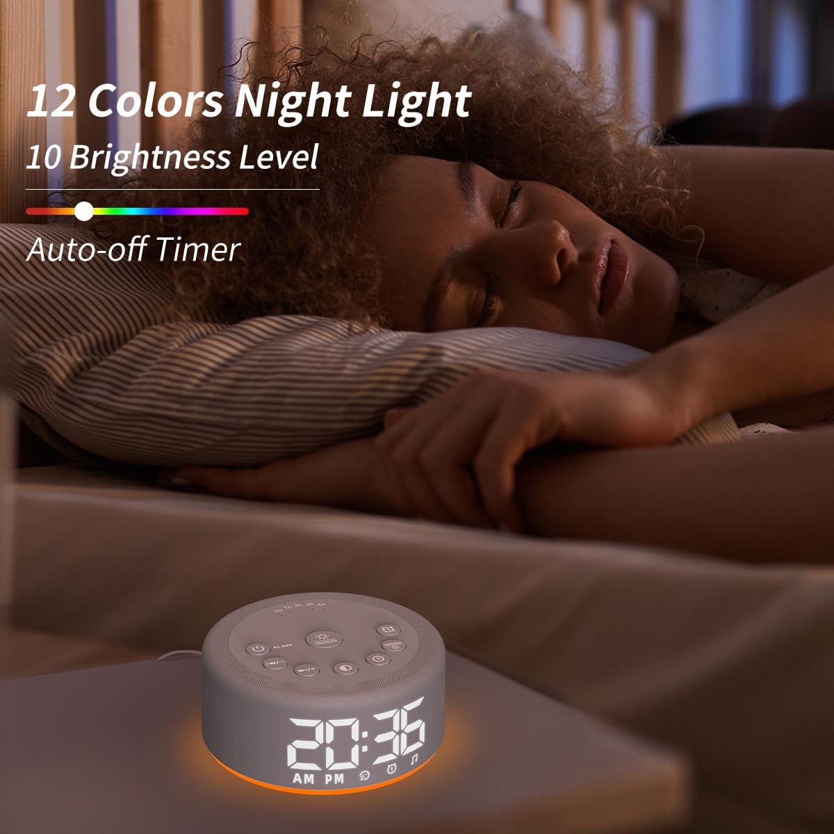 Detalle 1 de Sound Machine Alarm Clock with 32-Level Volume, 12-Color Night Light