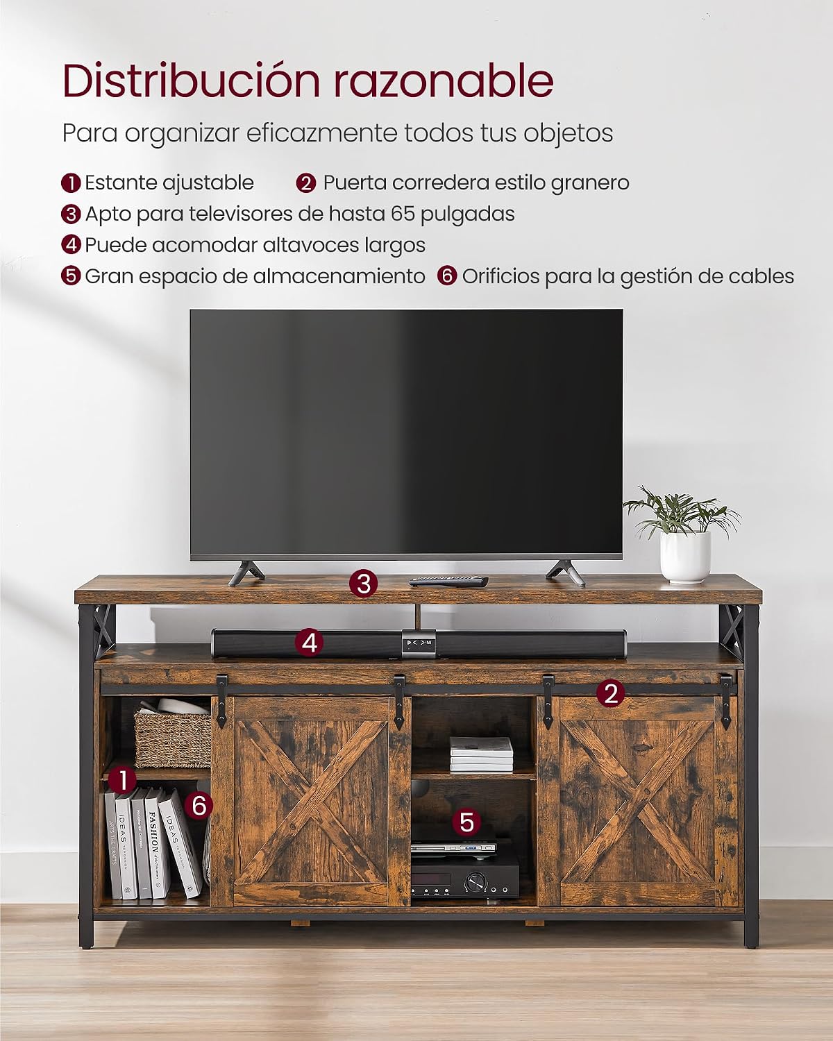 Thumbnail 4 de VASAGLE LTV071B01V1: Mueble TV Rústico con Estantes y Puertas 🚪