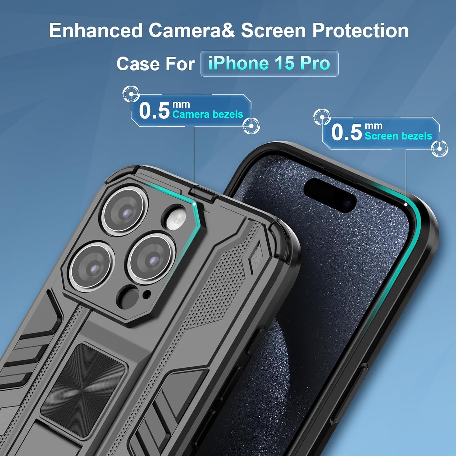 Detalle 1 de iPhone 15 Pro Hülle mit Ständer, Militär-Schutz