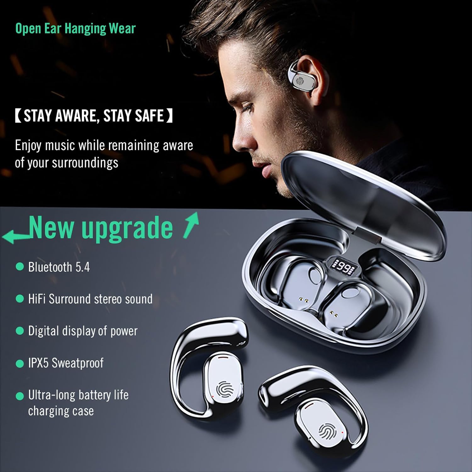 Detalle de YESUBELU Open Ear Wireless Headphones — Bluetooth 5.4, 36H Playtime, IPX5, Open-Ear Design for Running