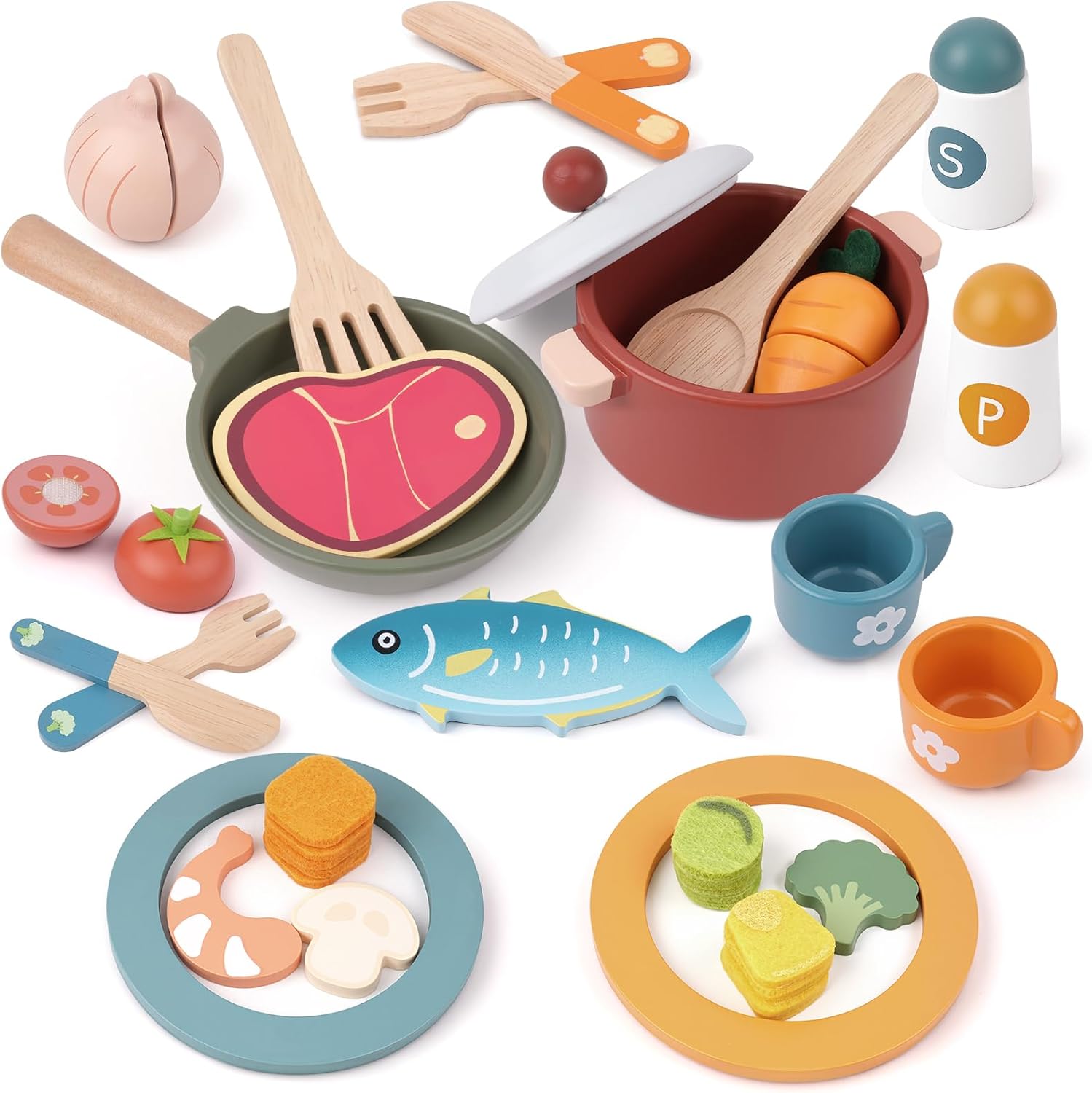 JOYSINTOY Set da cucina giocattolo in legno per bambini (pentole, padelle e accessori)
