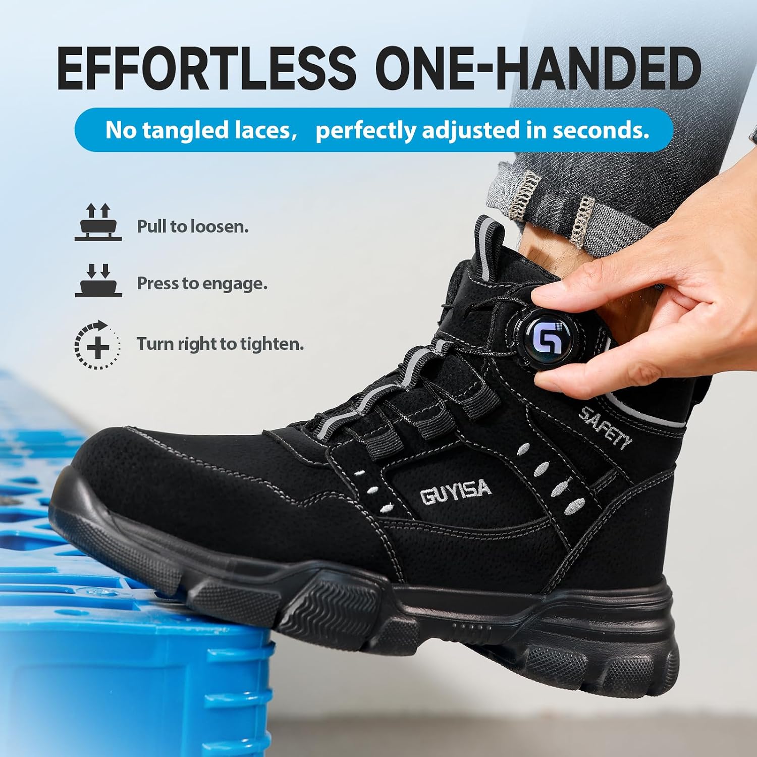 Detalle de GUSAYEX men’s lightweight steel toe cap safety boots with puncture-resistant midsole and quick swivel buckle lacing