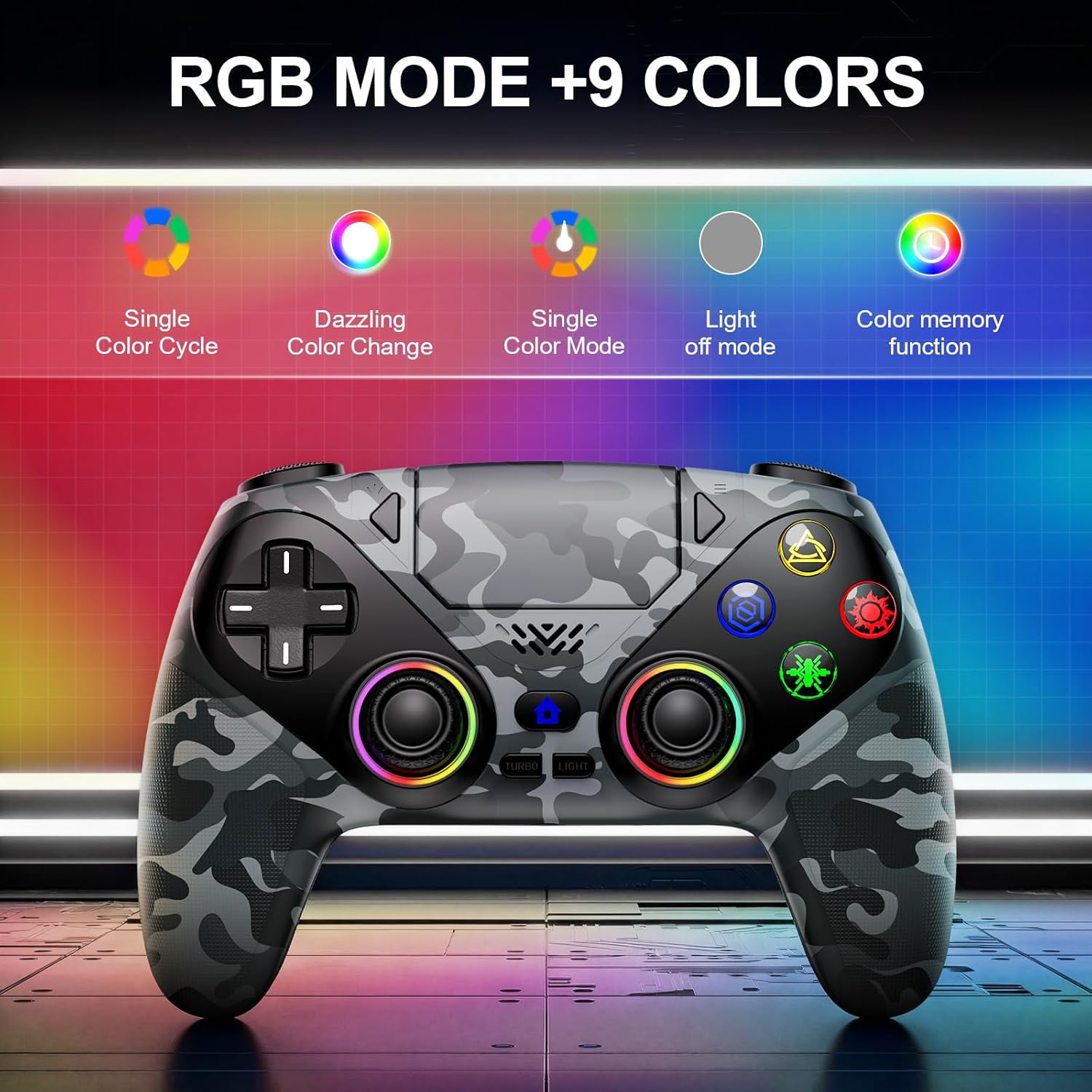 Detalle 2 de Nonbliep Wireless Controller for PS5 & PC (RGB Light, Dual Vibration, Turbo, 3.5mm Audio)