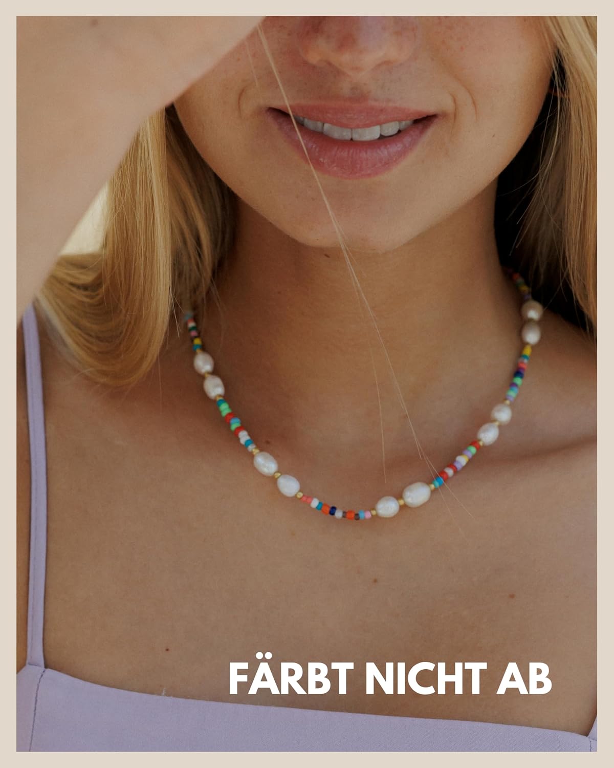 Detalle de GD GOOD.designs Perlenkette für Damen mit bunten Perlen, wasserfest, ohne Anhänger – Halskette 45 cm