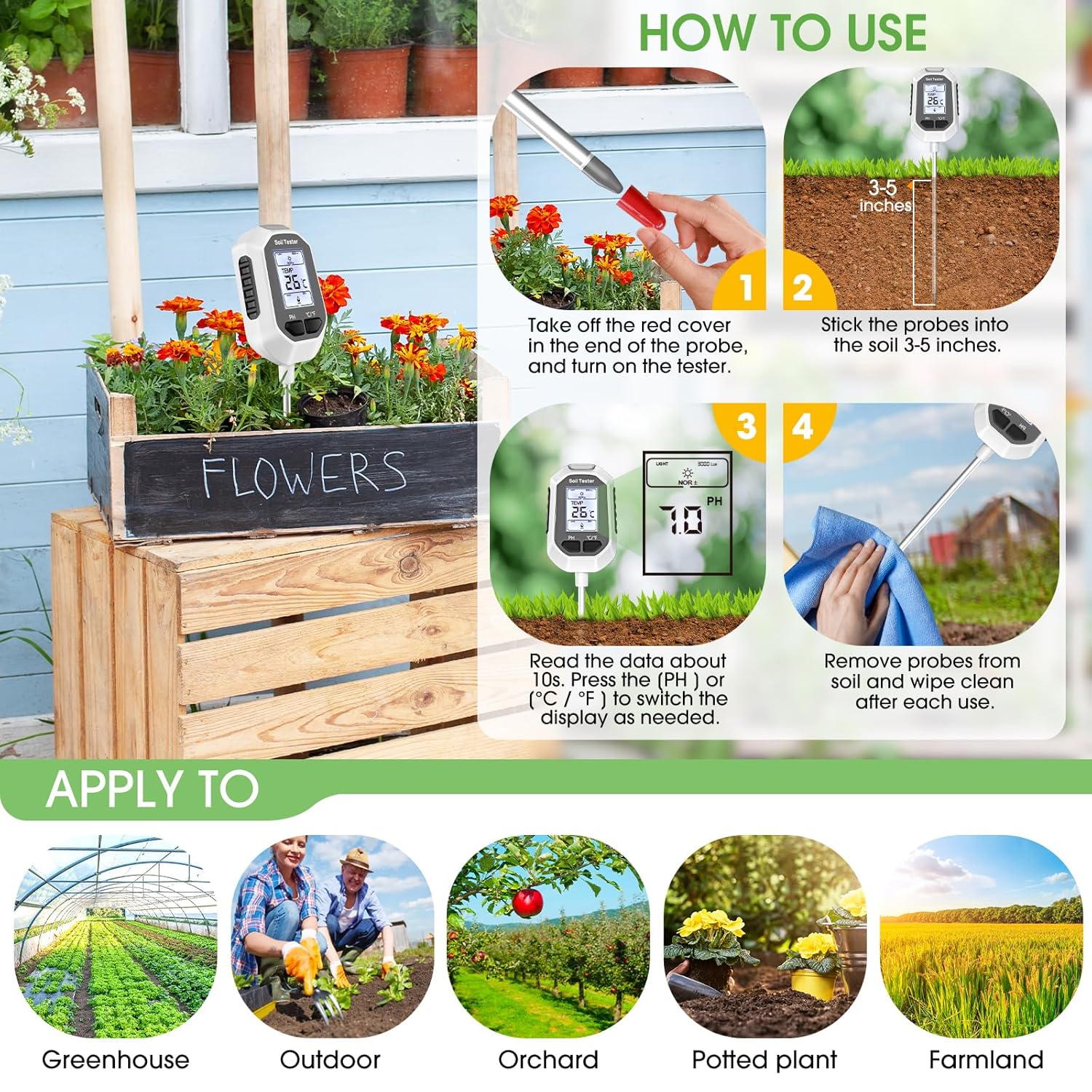Thumbnail 3 de YAMRON 4-in-1 Soil Moisture Meter (Soil Moisture, pH, Temperature & Sunlight Intensity) with Backlit LCD