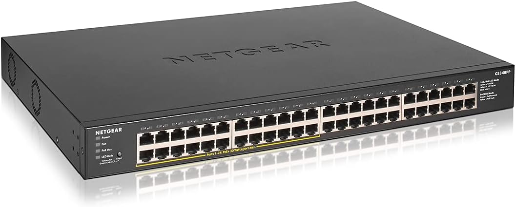 NETGEAR Switch PoE Unmanaged GS348PP da 48 porte Gigabit con 24 PoE+ e budget 380W