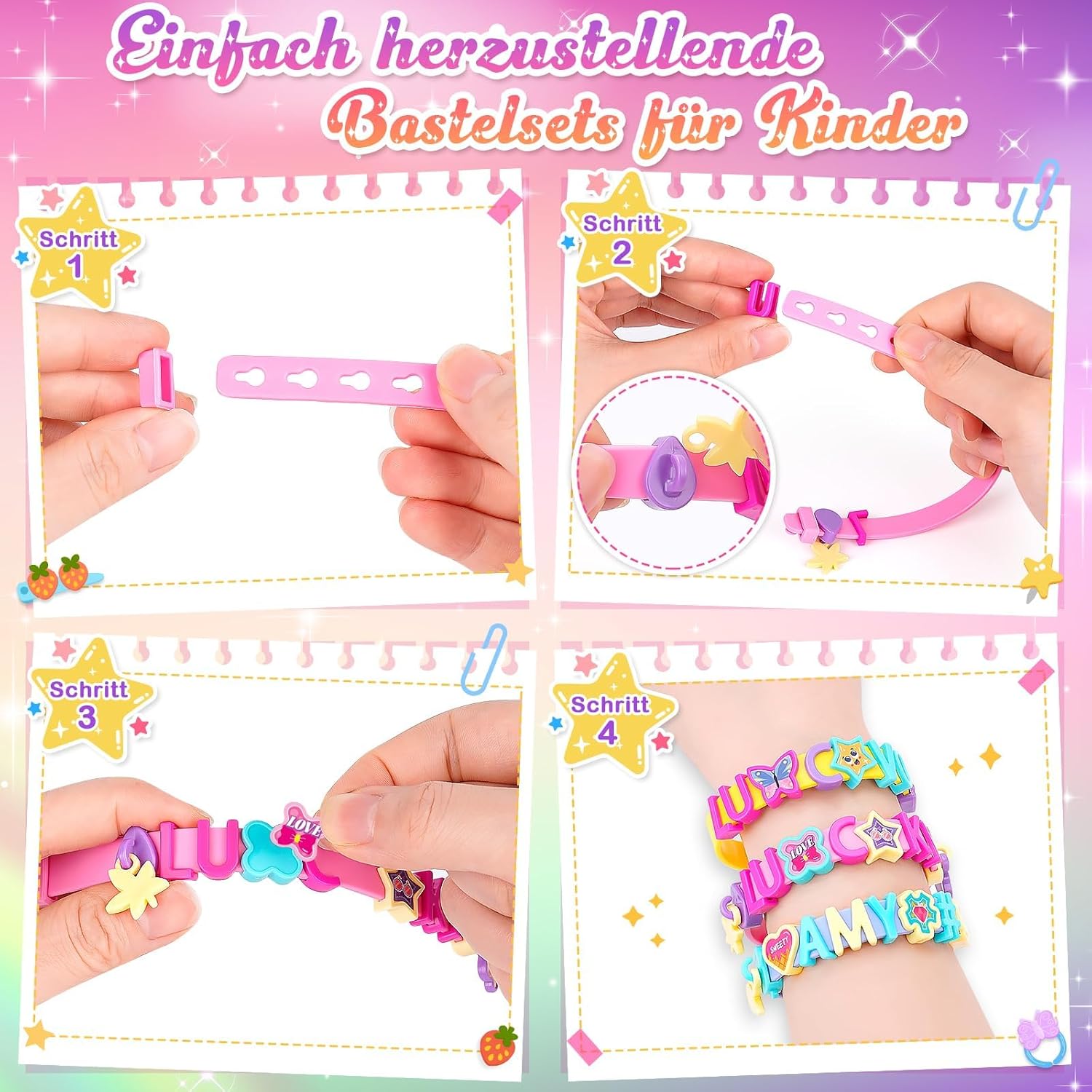 Detalle de Geschenk Mädchen 5–9 Jahre: Bastelset Freundschaftsarmbänder – Glitzer Armbänder Selber Machen
