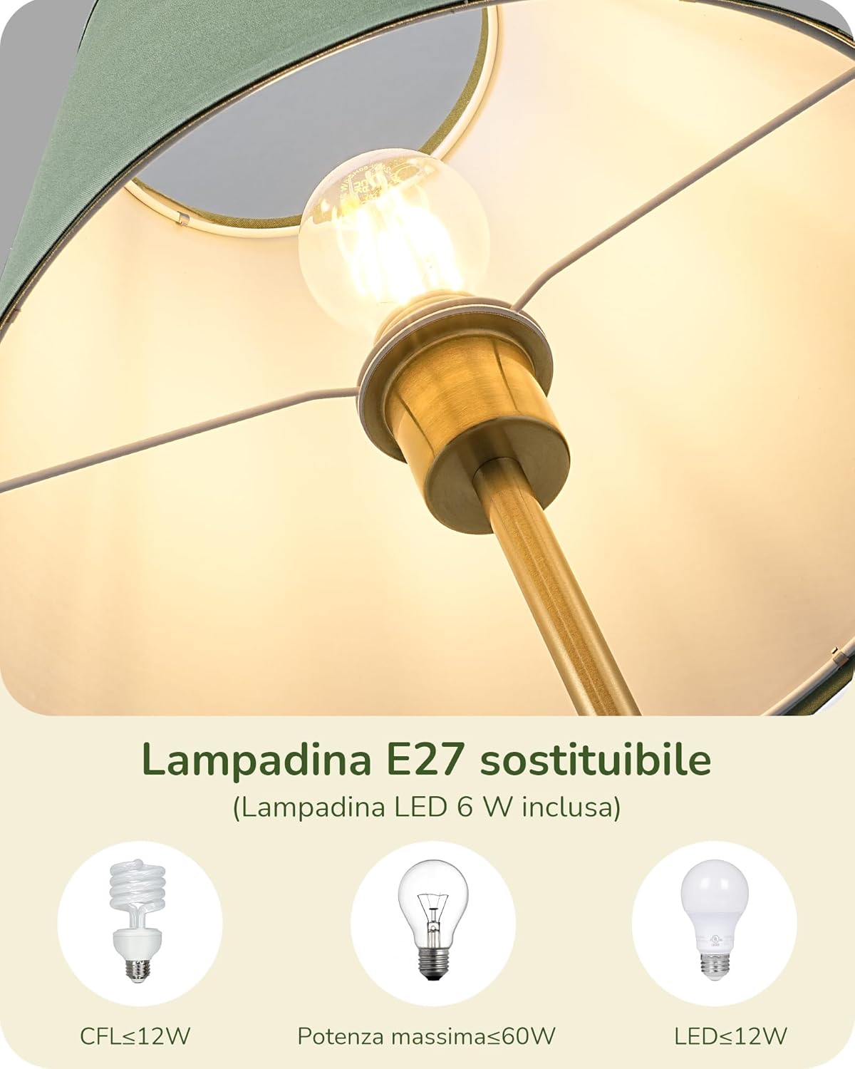 Thumbnail 4 de EDISHINE Lampada da Terra Retro in Cotone-Lino con Struttura in Metallo, LED 2700K Inclusa, verde-grigio