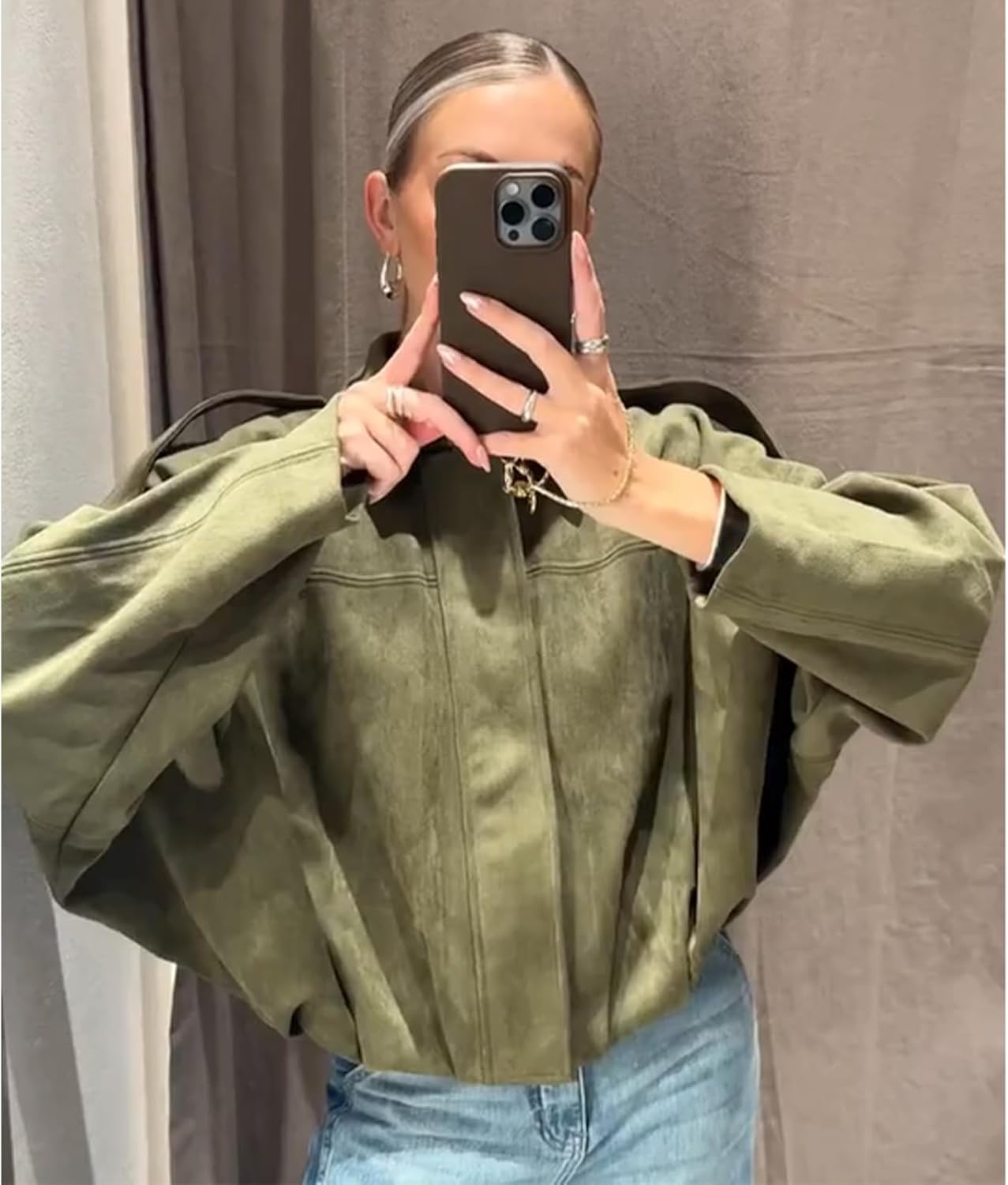Detalle 2 de Csvinkiko Faux Suede Bomber Jacket Oversized